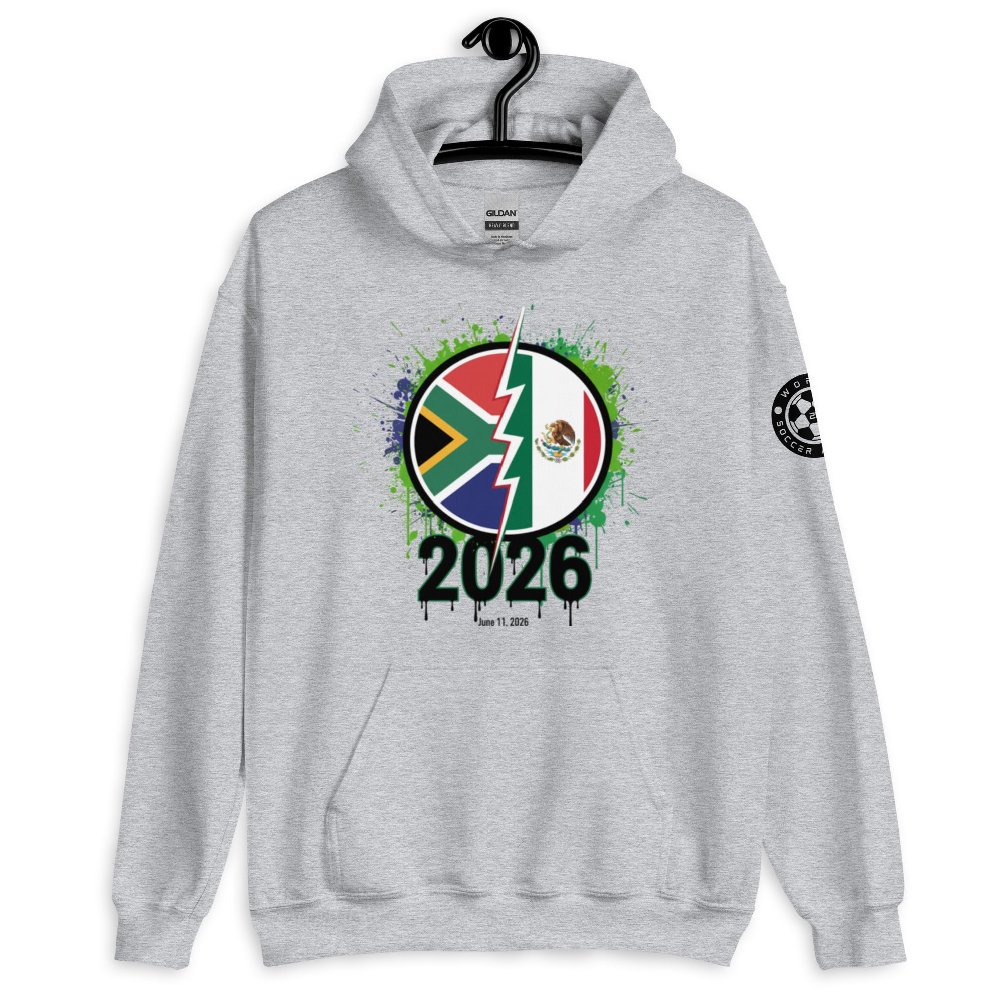 Gray hoodie with a colorful design featuring flags and the number 2026 on a white background.