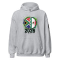 Gray hoodie with a colorful design featuring flags and '2026' text on a white background