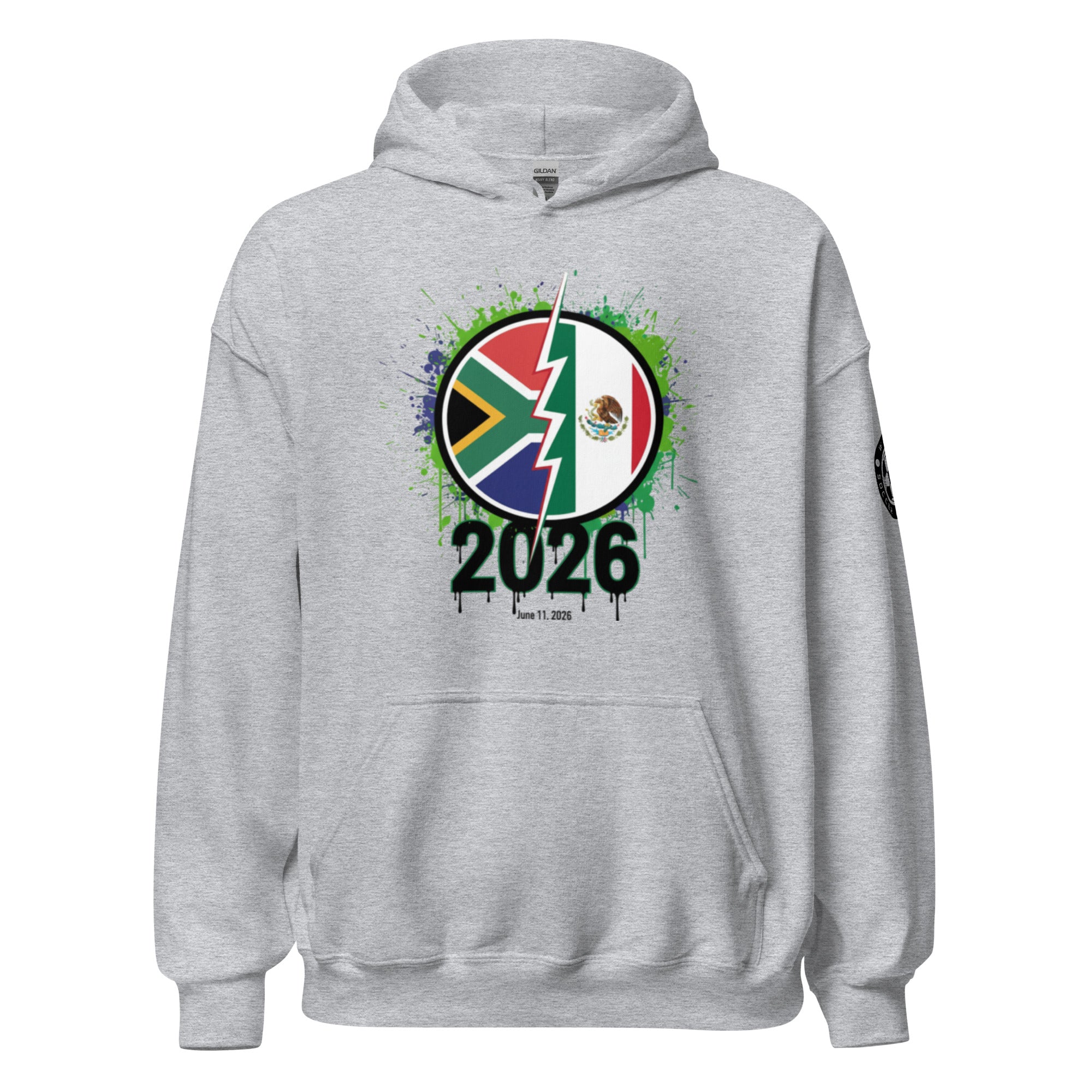 Gray hoodie with a colorful design featuring flags and '2026' text on a white background