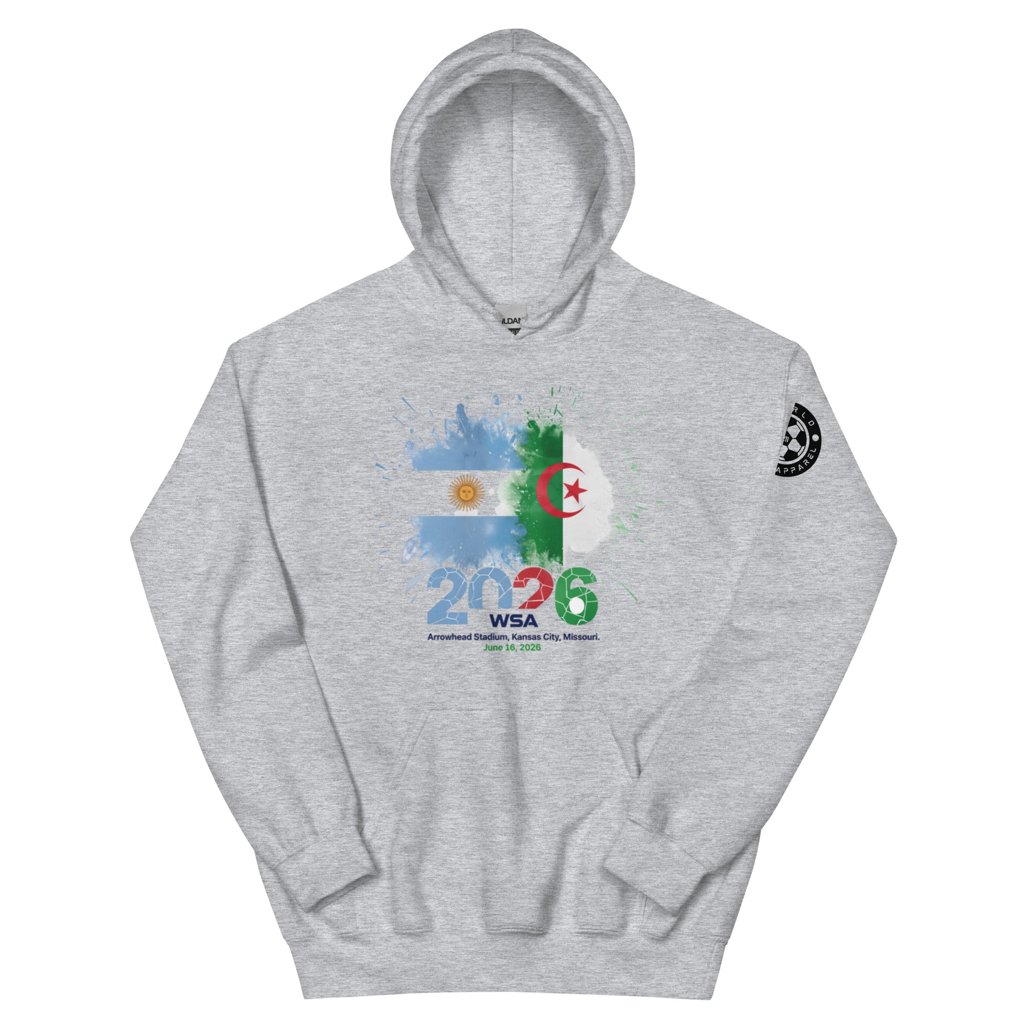 Gray hoodie with 2026 WSA logo featuring Argentina and Algeria flags on a white background