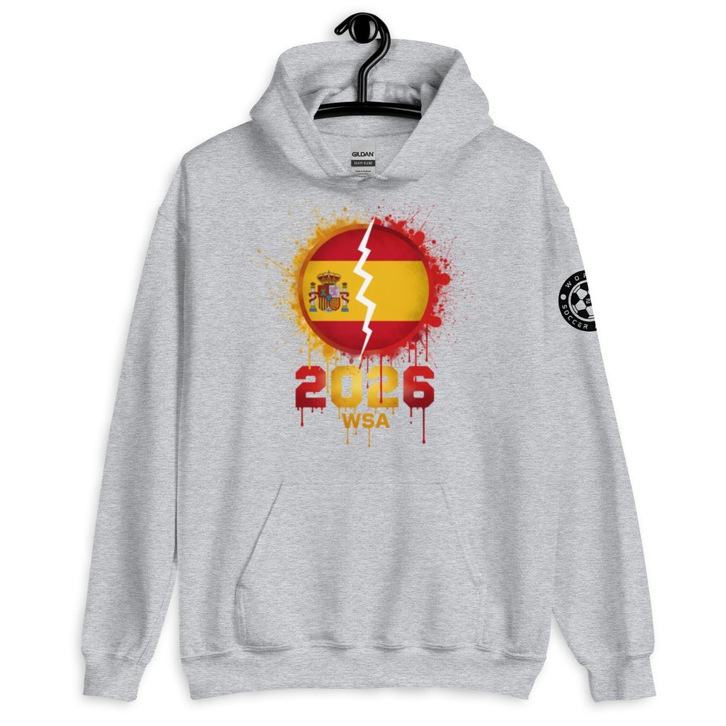 Gray hoodie with a Spanish flag design and '2026 WSA' text on a white background