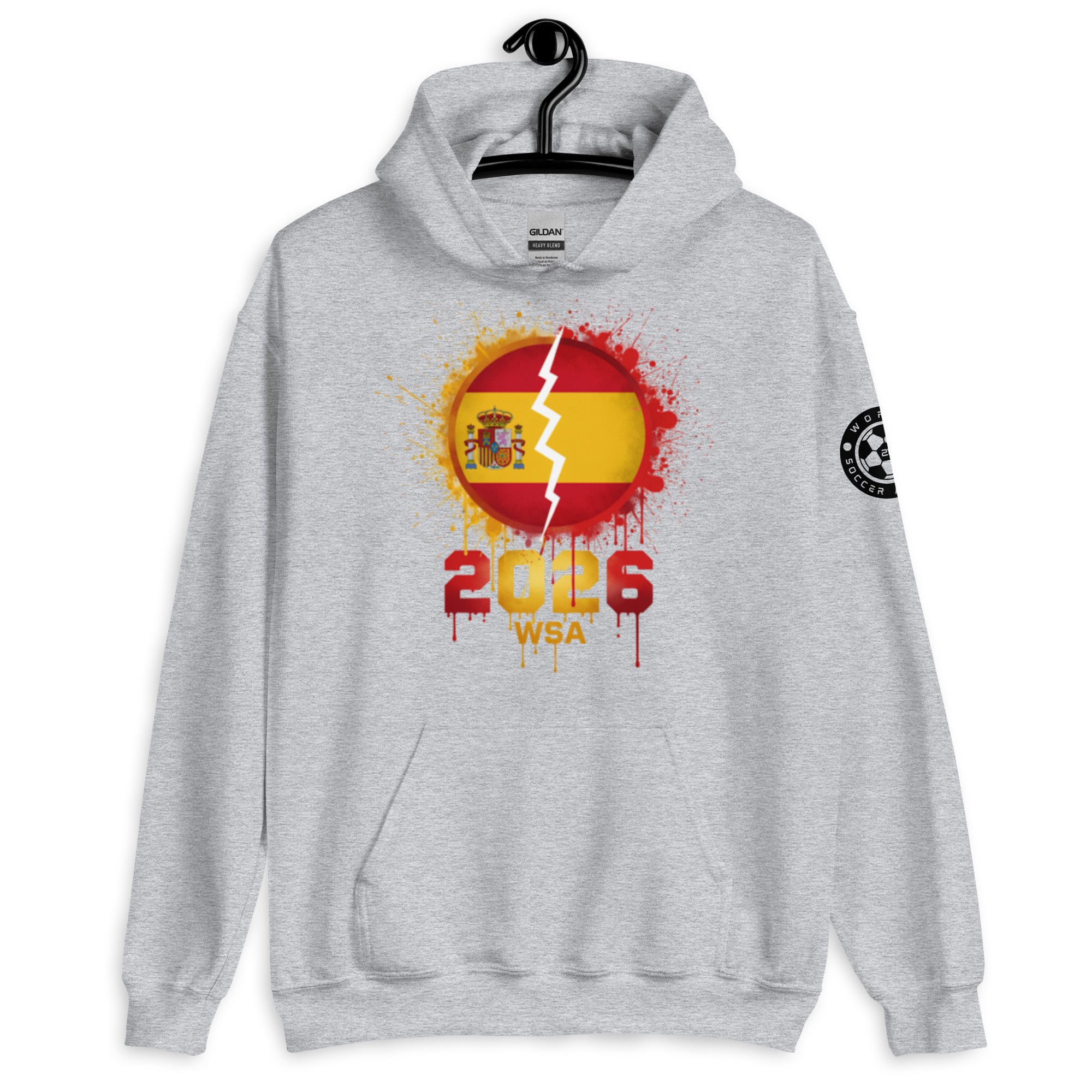 Gray hoodie with a Spanish flag design and '2026 WSA' text on a white background