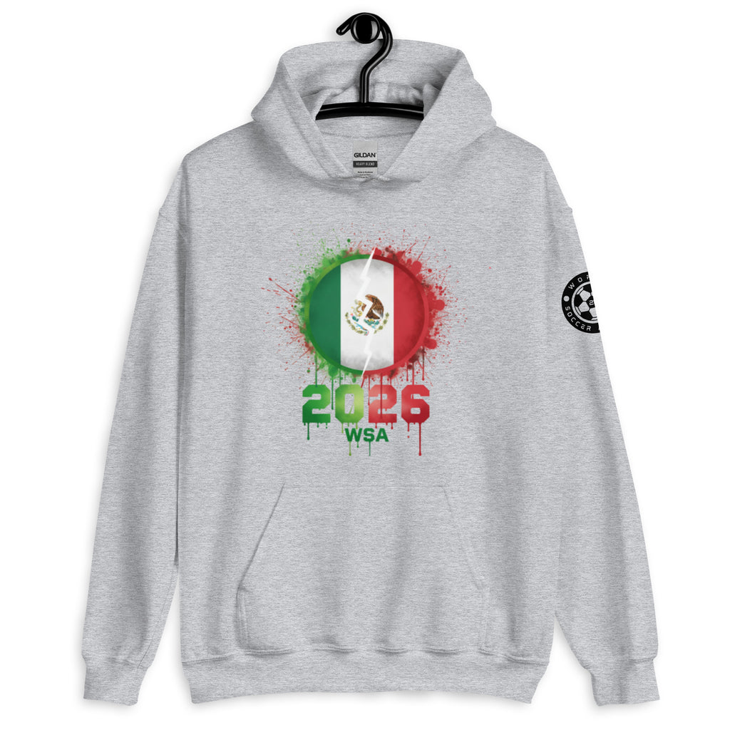 Gray hoodie with Mexican flag design and '2026 WSA' text on a white background