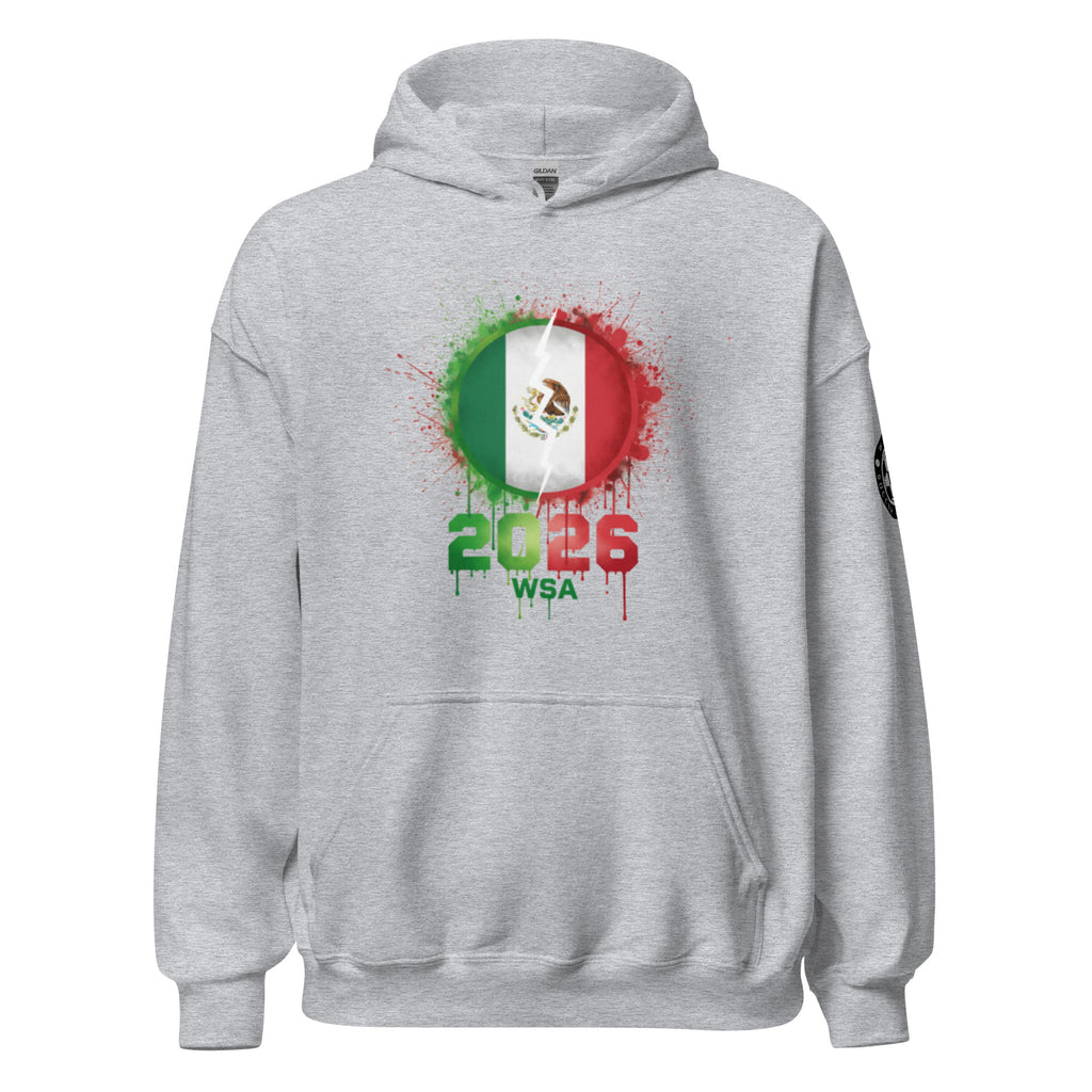 Gray hoodie with Mexican flag design and '2026 WSA' text on a white background