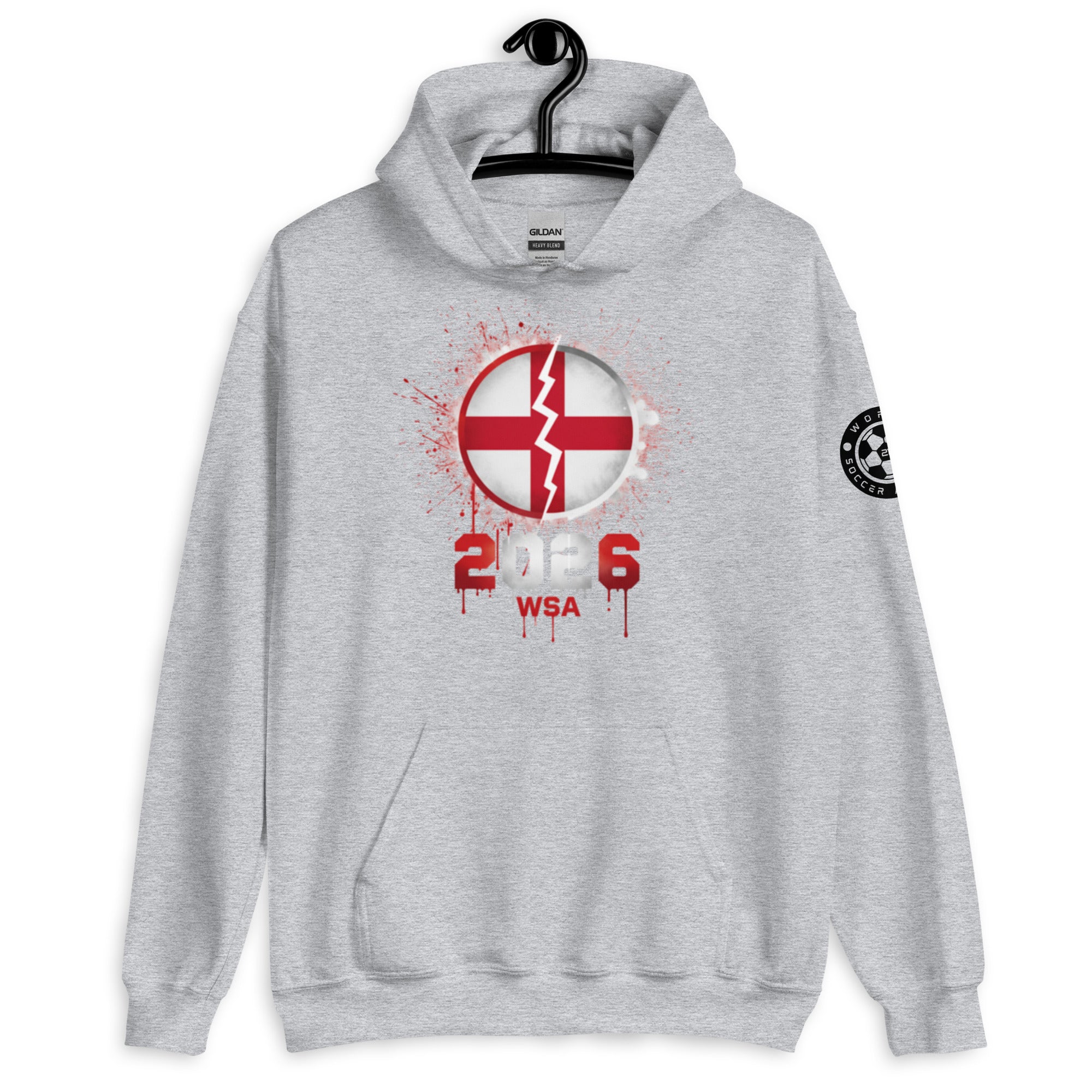 Gray hoodie with a red and white graphic design on a hanger