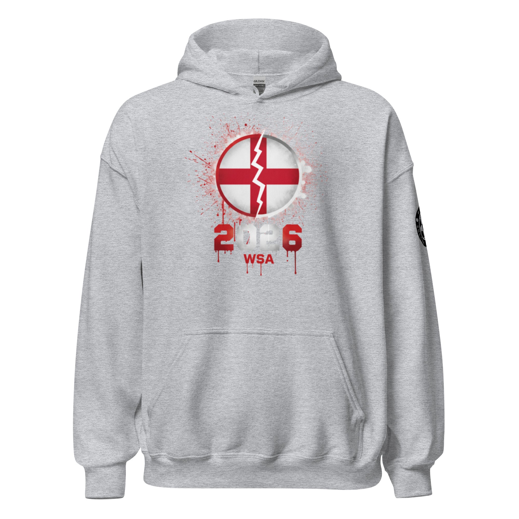 Gray hoodie with a red and white graphic design on the back against a white background