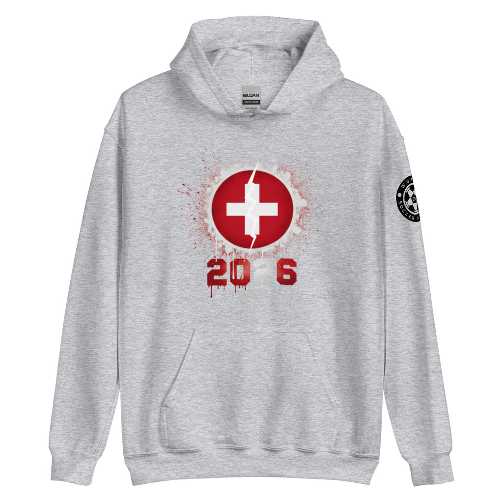 Gray hoodie with red and white design on a white background