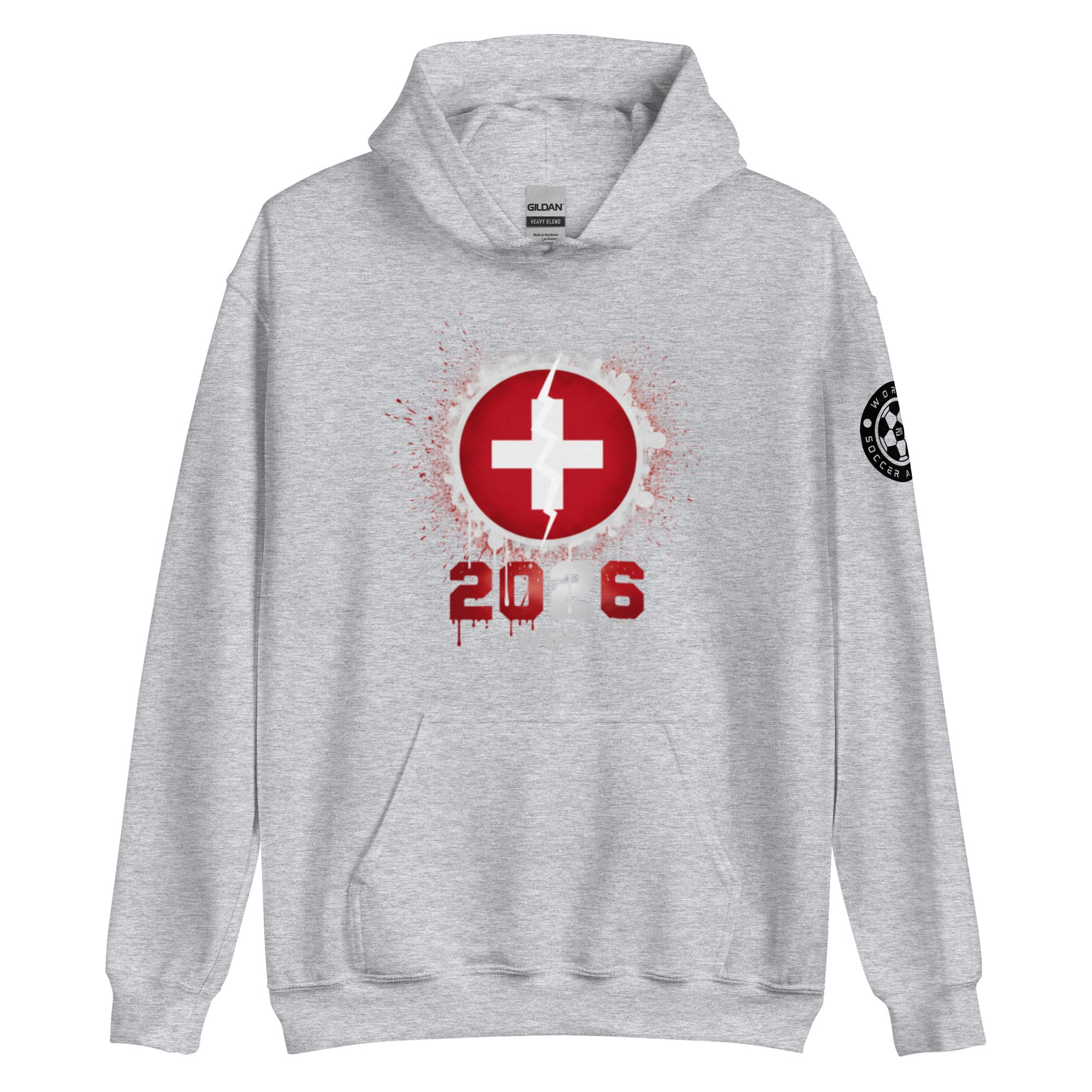 Gray hoodie with red and white design on a white background