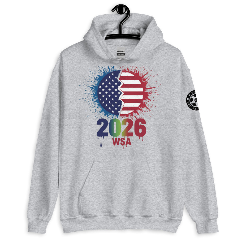 Gray hoodie with American flag design and '2026 WSA' text on a white background