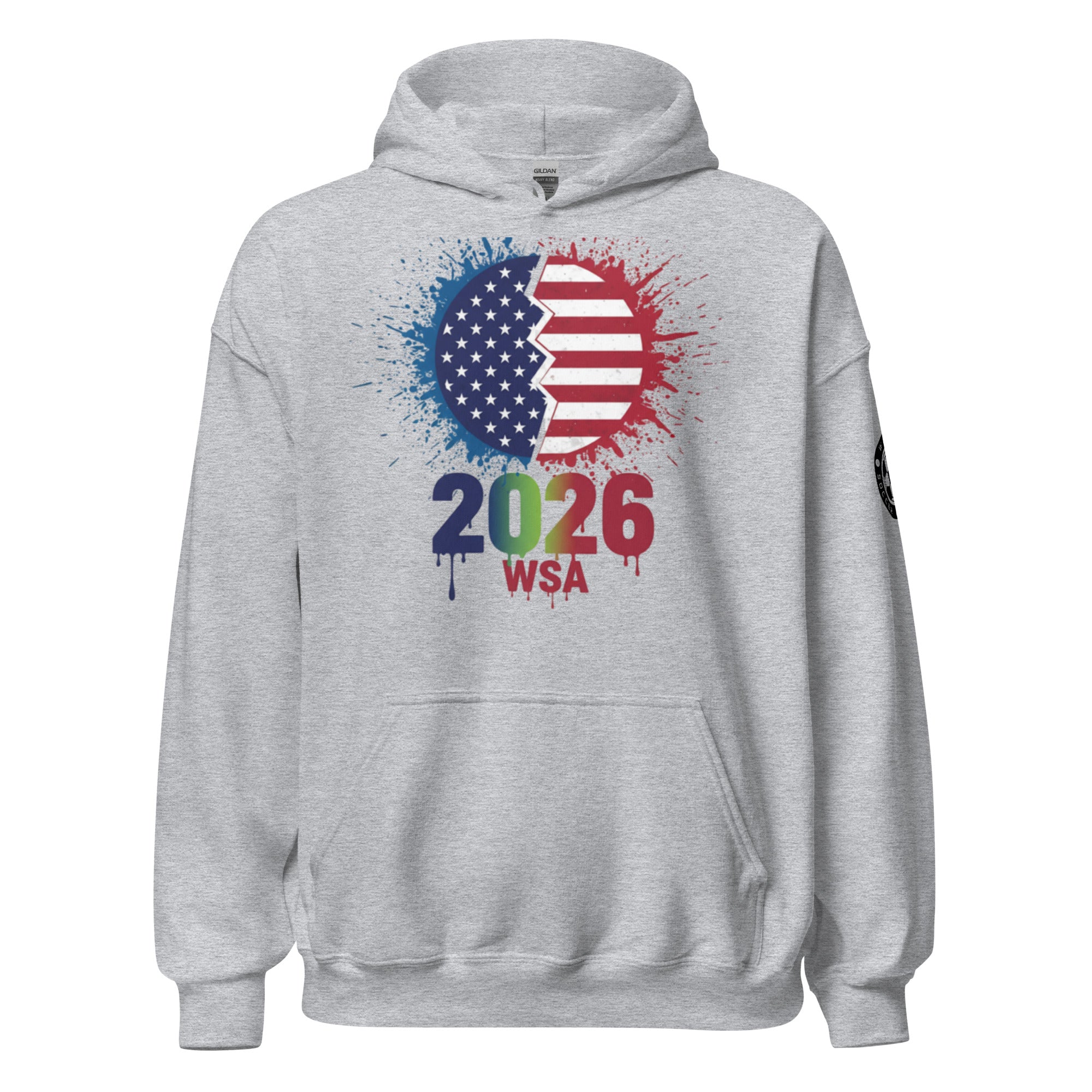 Gray hoodie with colorful design featuring an American flag and text on a white background