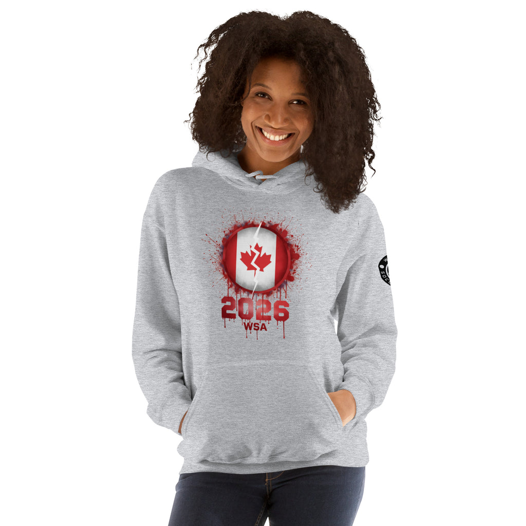 Person wearing a gray hoodie with a red and white design on a white background