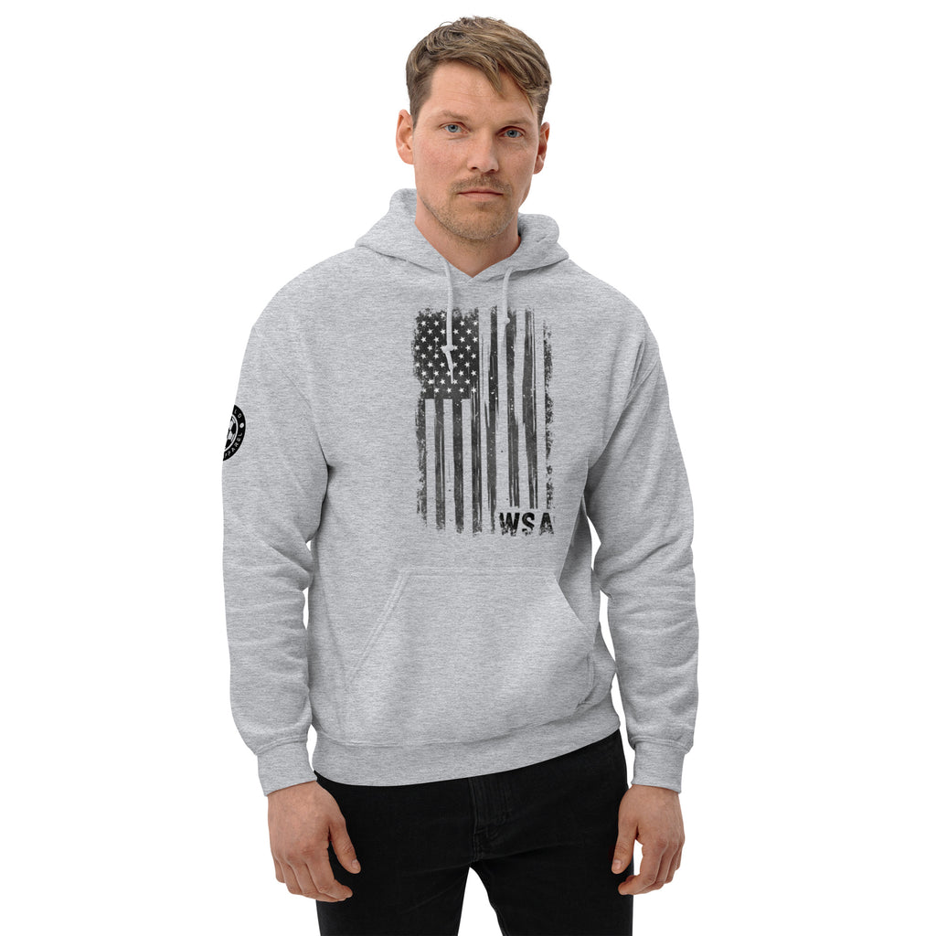 Man wearing a gray hoodie with an American flag design on a white background