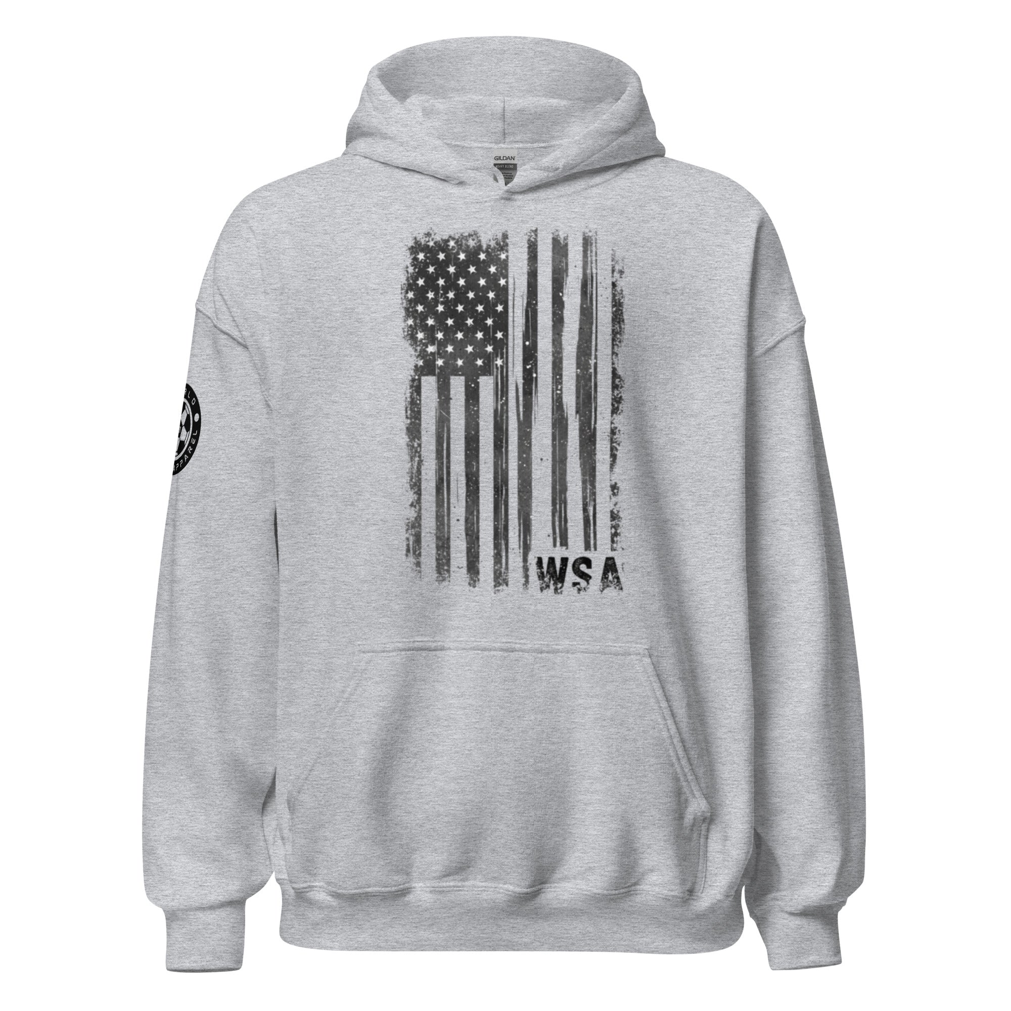 Gray hoodie with American flag design on the back and 'WSA' branding.