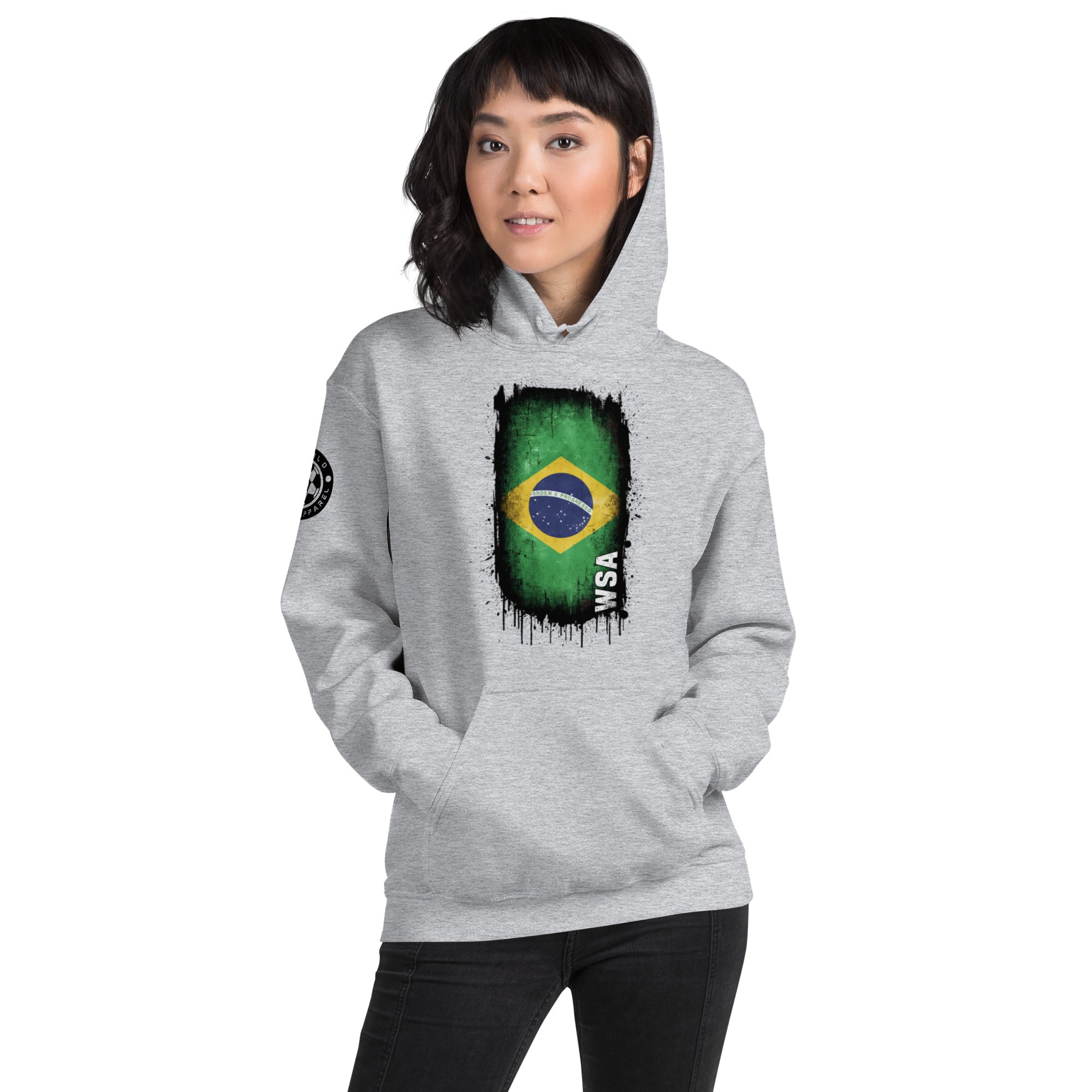 Person wearing a gray hoodie with a Brazilian flag design on a white background