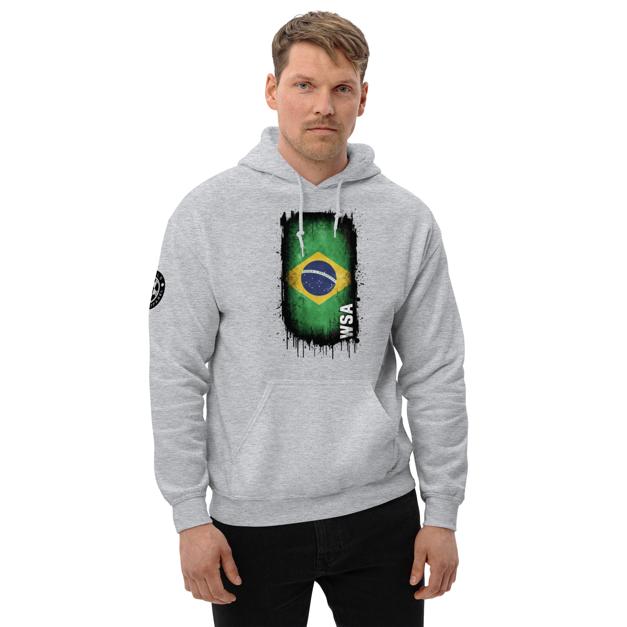 Man wearing a gray hoodie with a Brazilian flag design on a white background