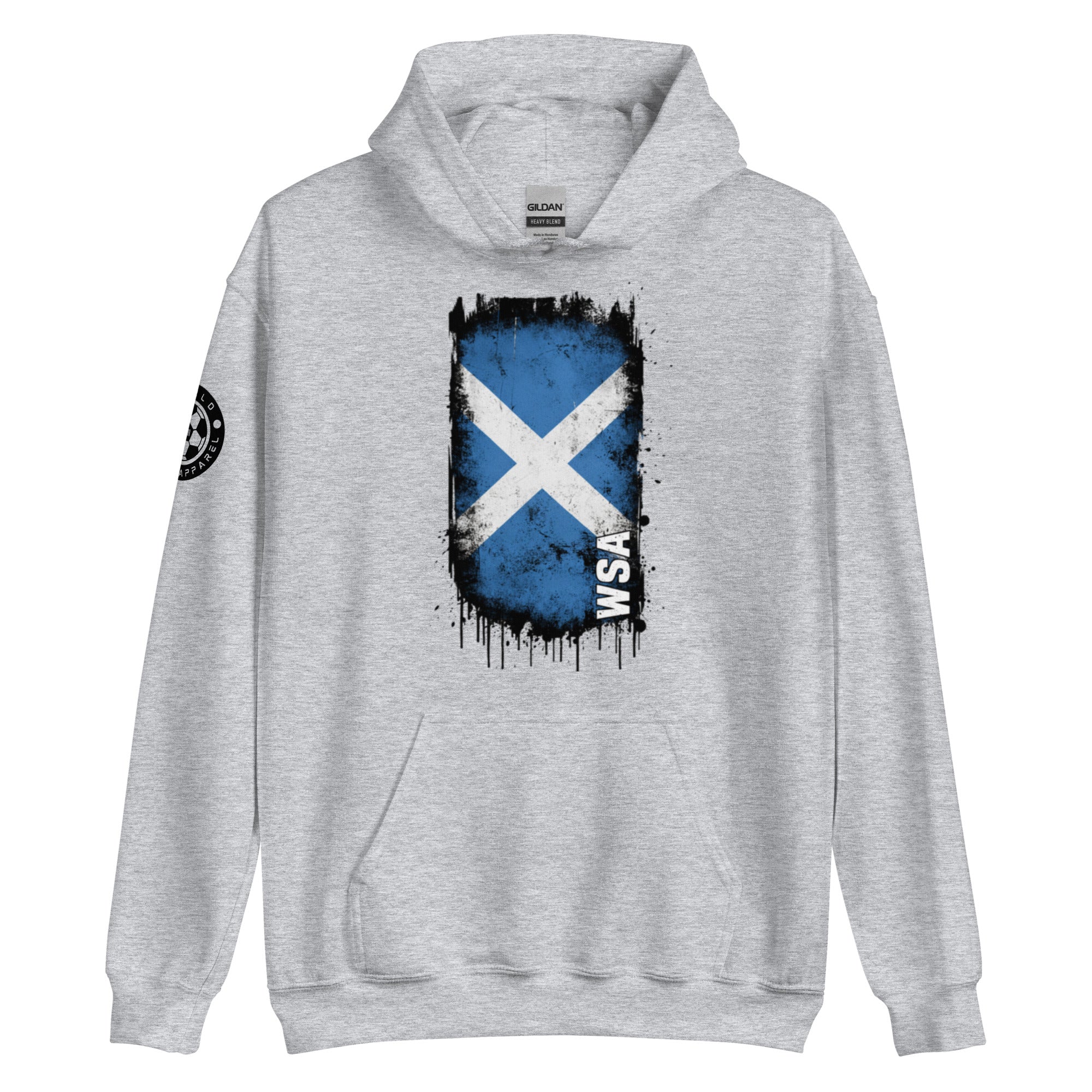 Gray hoodie with a blue and white flag design on a white background