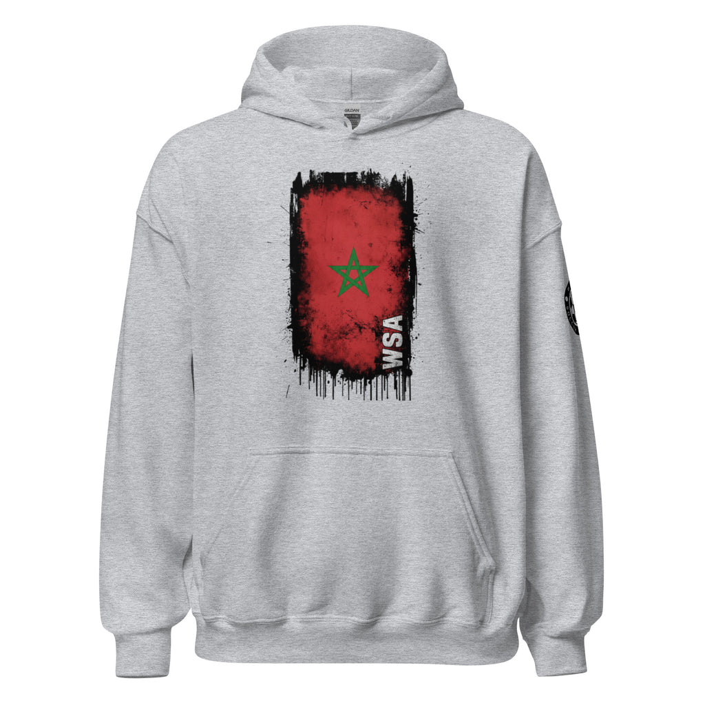 Gray hoodie with a red and green graphic on the back against a white background