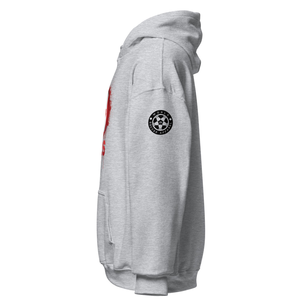 Gray hoodie with a logo on the sleeve against a white background