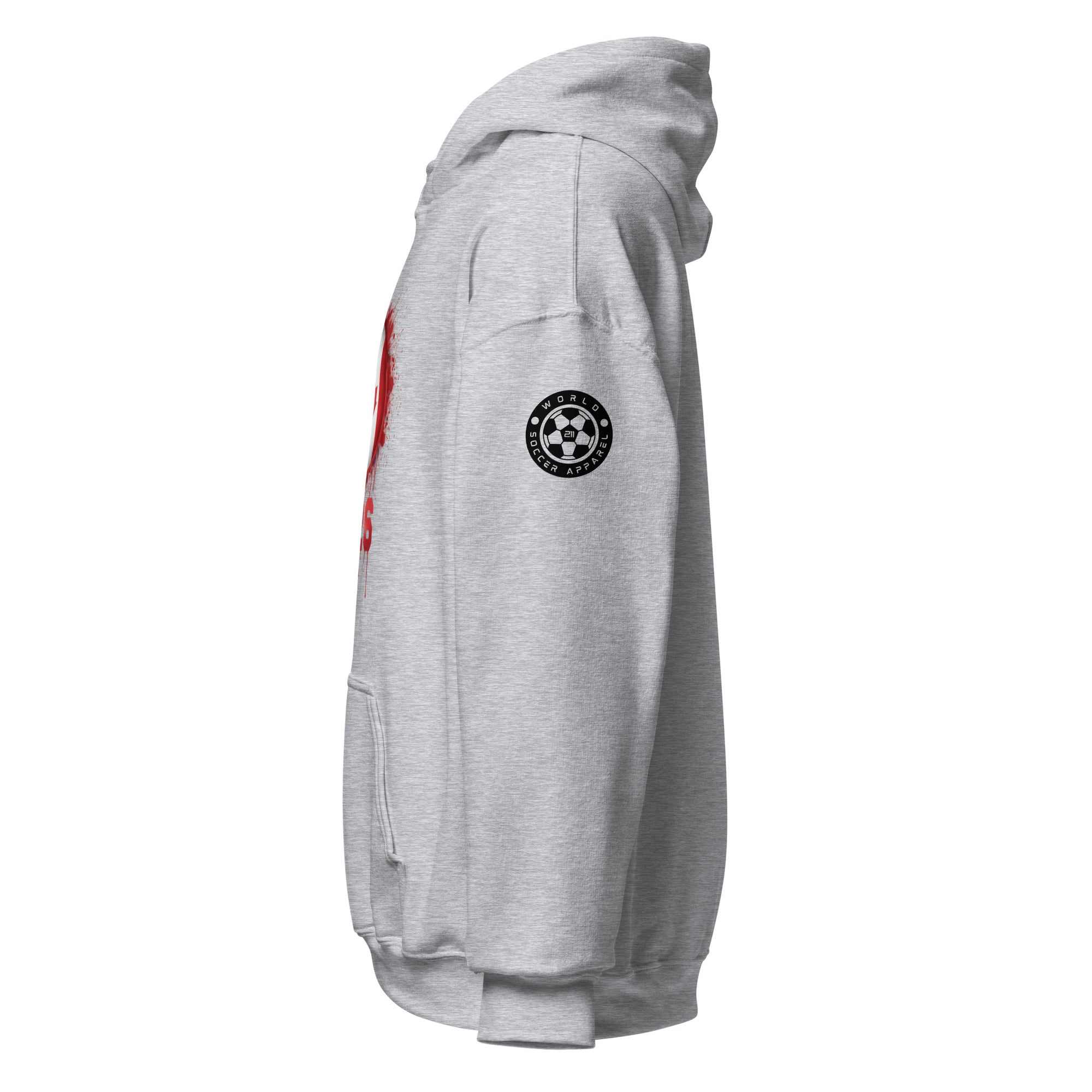 Gray hoodie with a logo on the sleeve against a white background