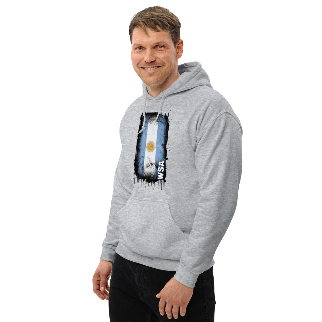 Man wearing a gray hoodie with a graphic design on a white background