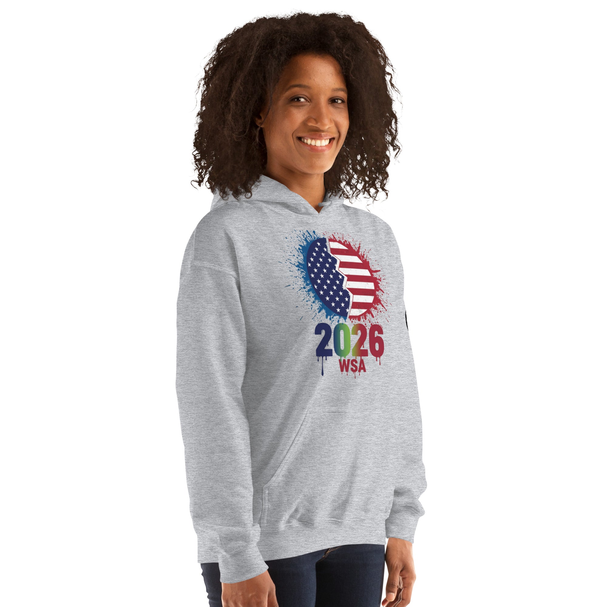 Person wearing a gray hoodie with a colorful design on a white background