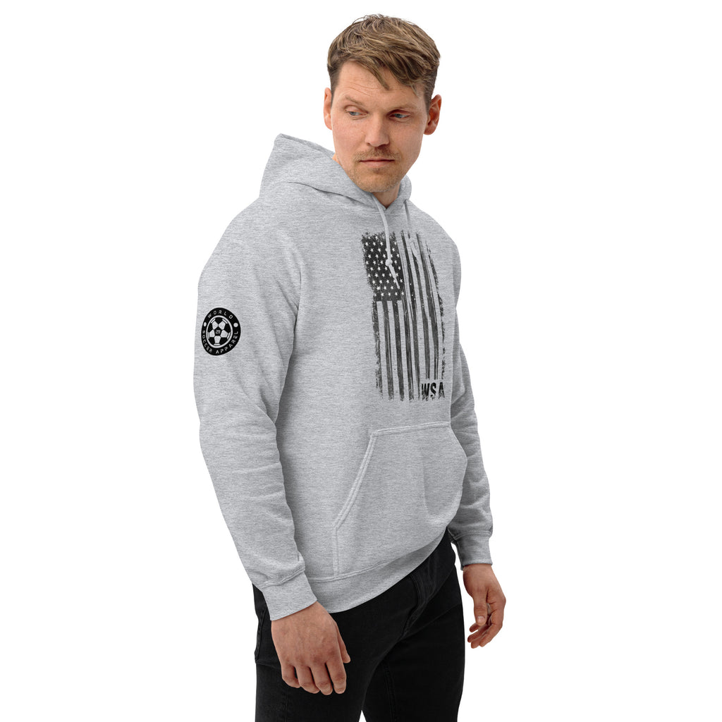 Man wearing a gray hoodie with an American flag design on a white background