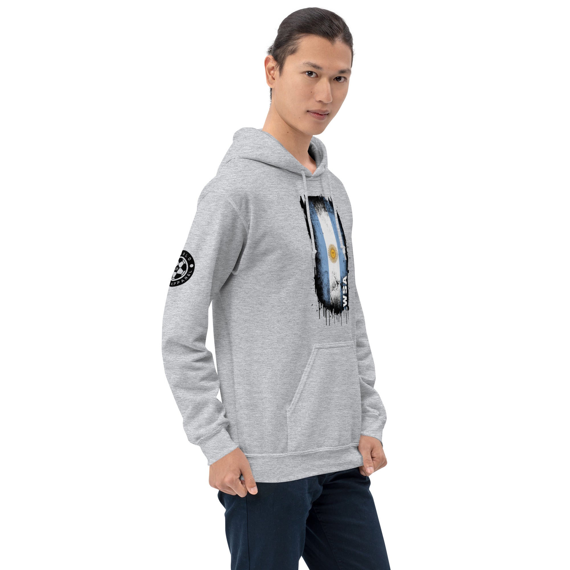 Person wearing a gray hoodie with a graphic design on a white background