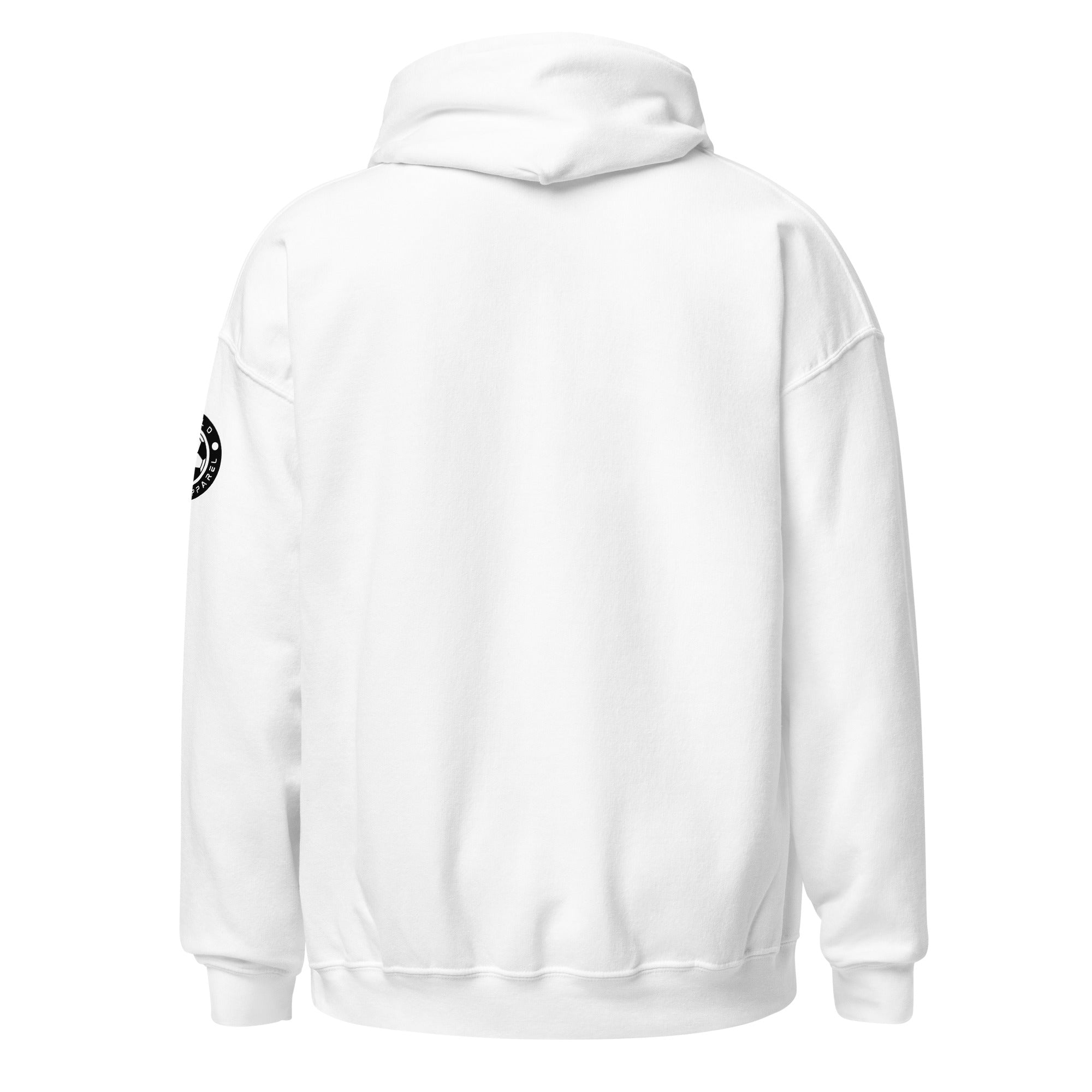White hoodie with a small black logo on the sleeve against a white background