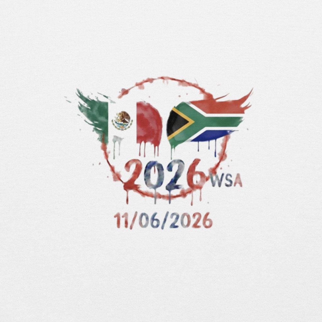 Design with flags of Mexico and South Africa and text '2026 WSA 11/06/2026' on a white background