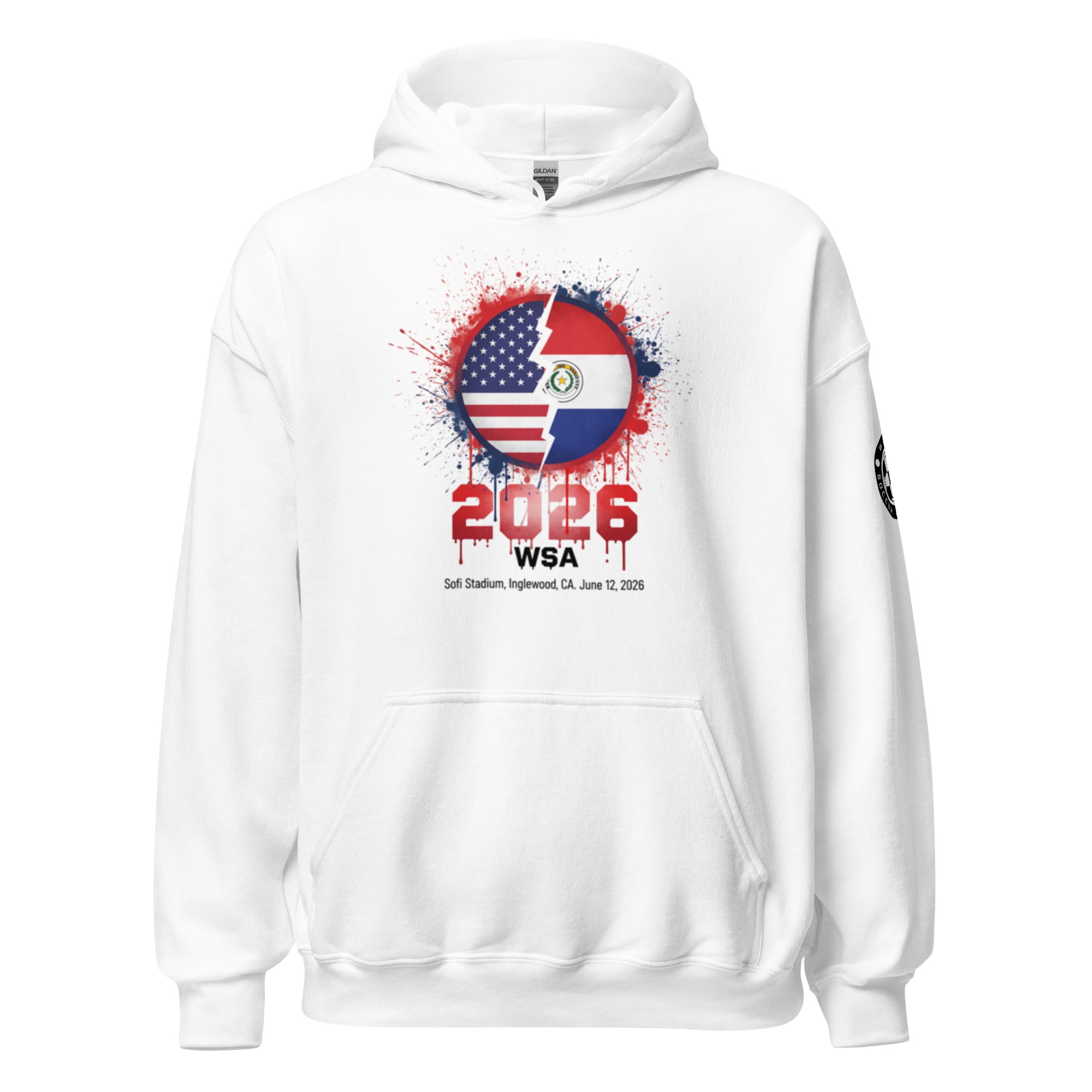 White hoodie with a graphic design featuring the American and Paraguayan flags, the year 2026, and 'WSA' text on a white background.