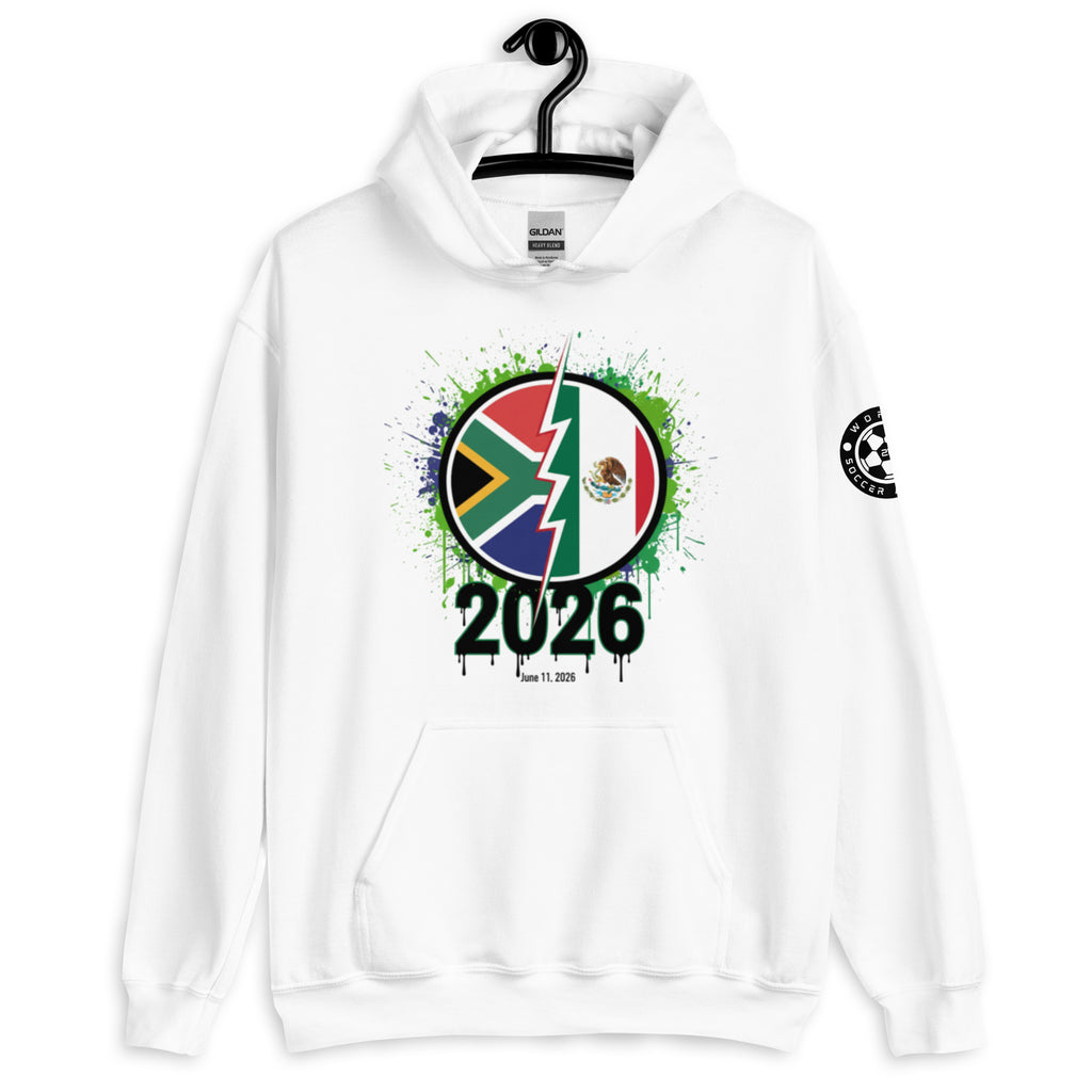 White hoodie with a colorful design featuring a flag and '2026' text on a white background.