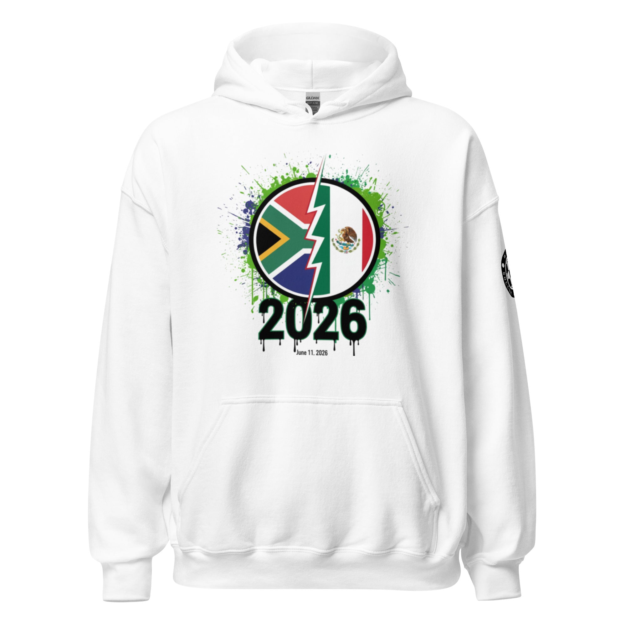 White hoodie with a colorful design featuring flags and '2026' text on a white background