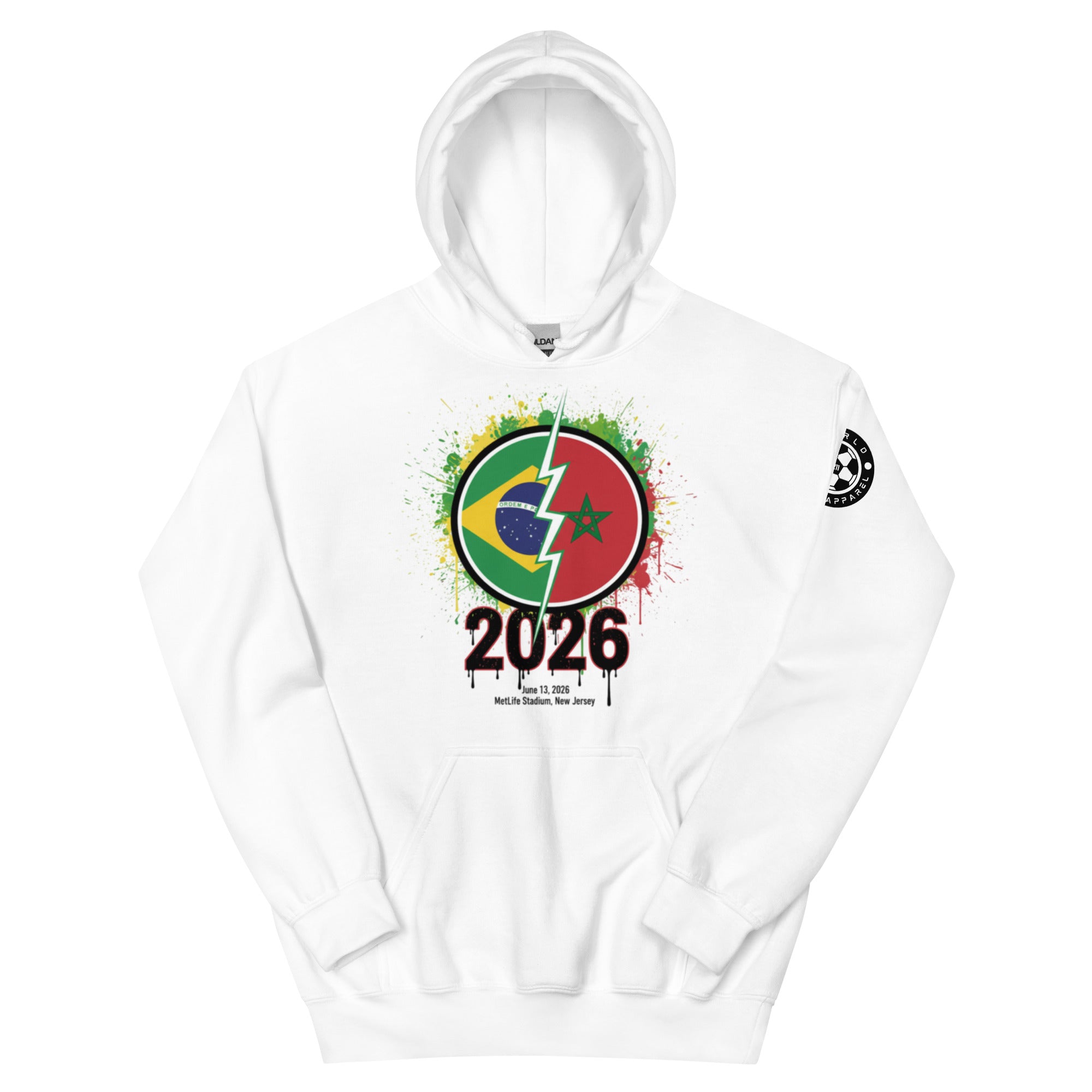 White hoodie with 2026 design featuring flags and a lightning bolt on a white background