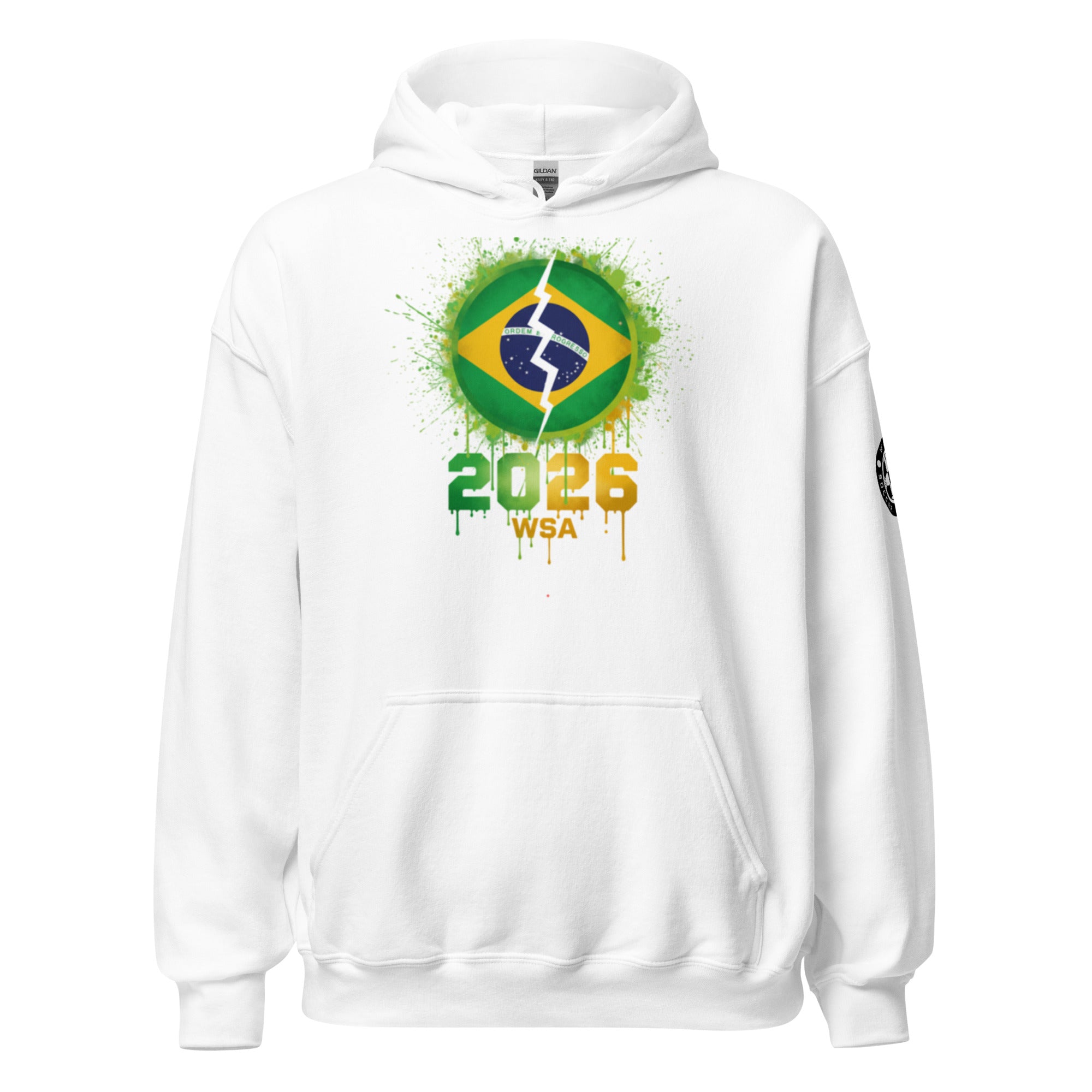 White hoodie with Brazilian flag design and '2026 WSA' text on a white background