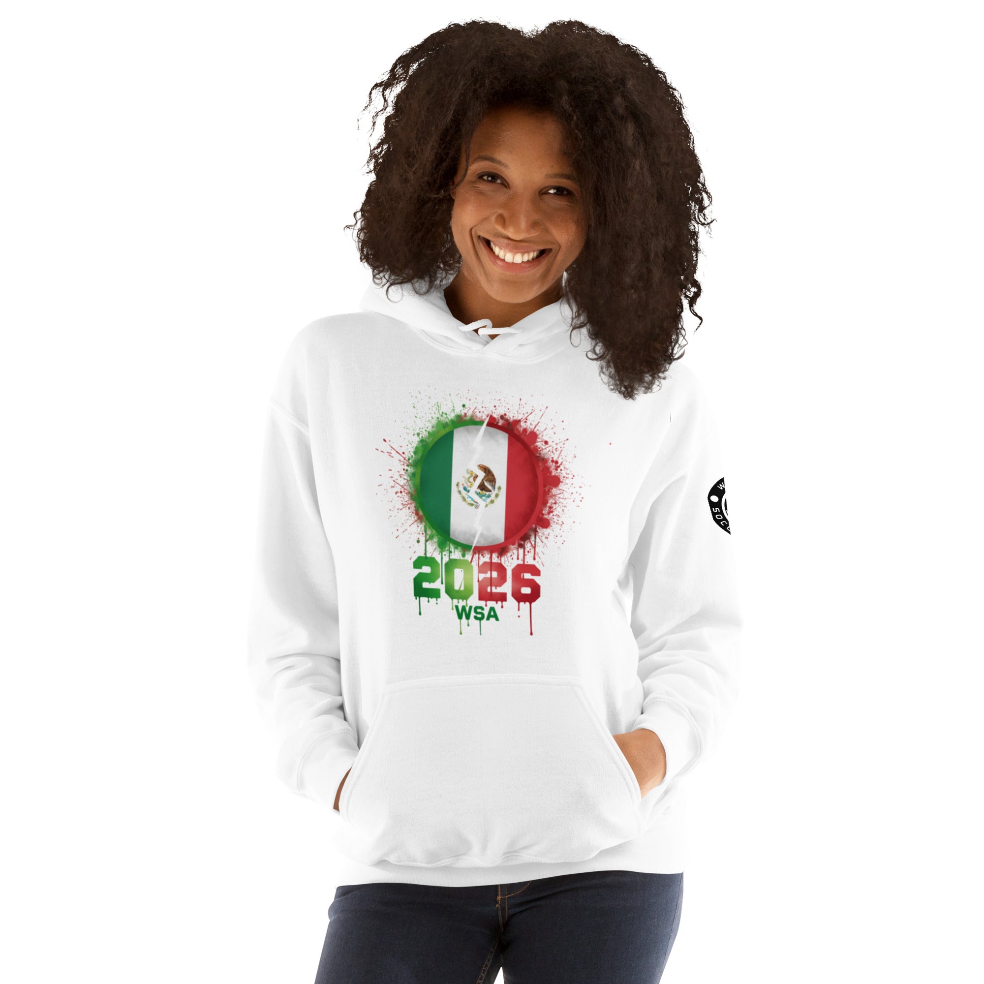 Person wearing a white hoodie with a colorful design and text on a white background