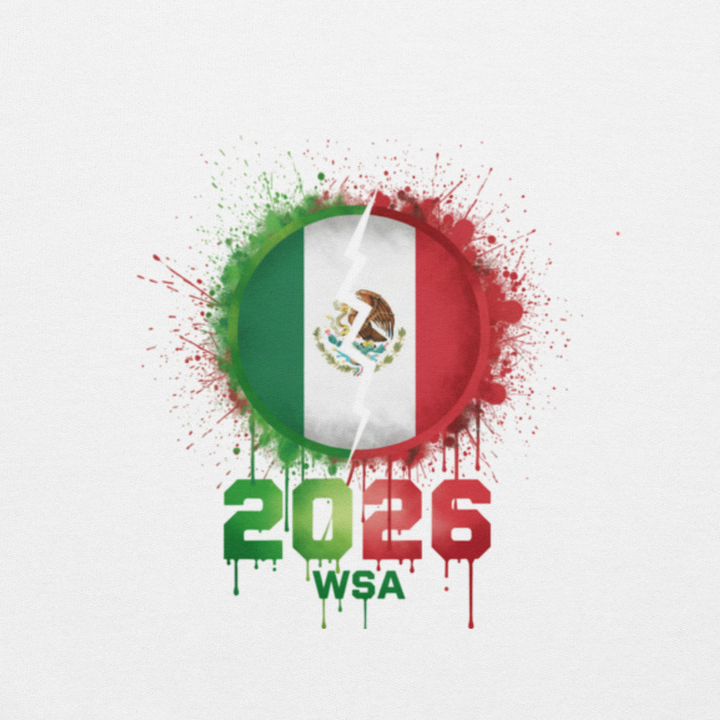Mexican flag with '2026 WSA' text on a white background