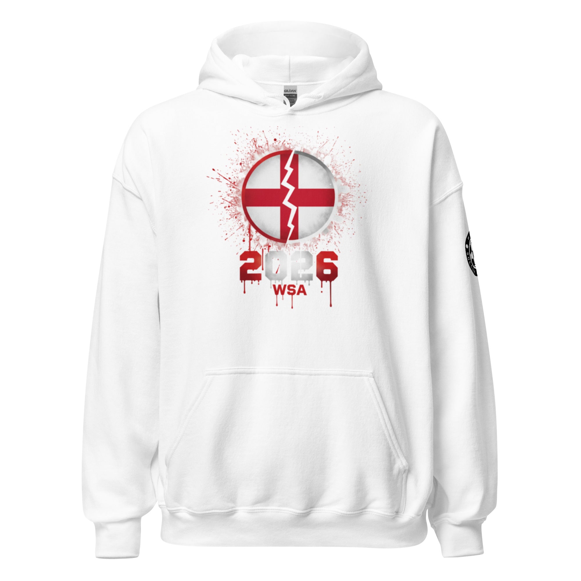 White hoodie with red and black graphic design on a white background