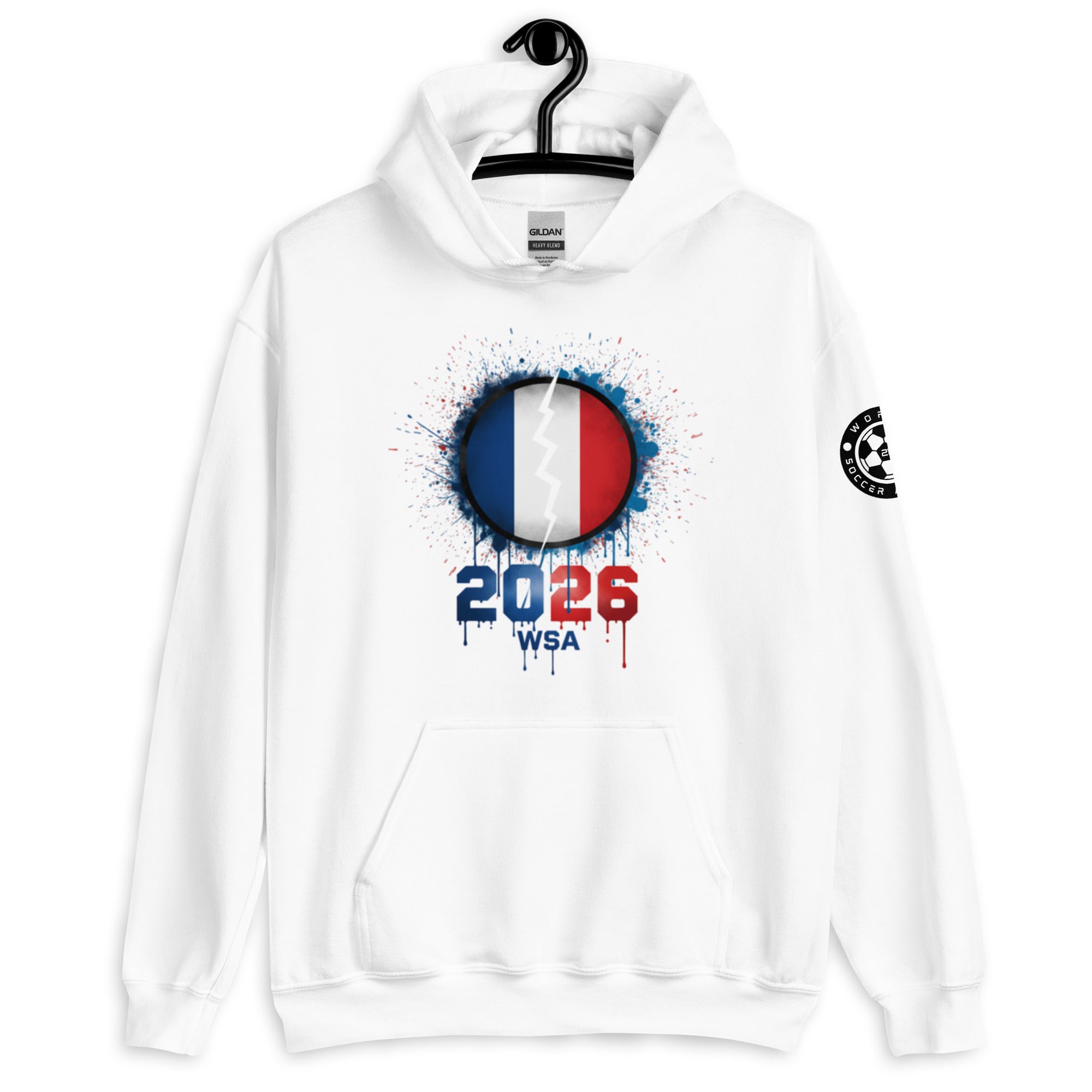 White hoodie with a design featuring the number 2026 and text on a hanger against a white background