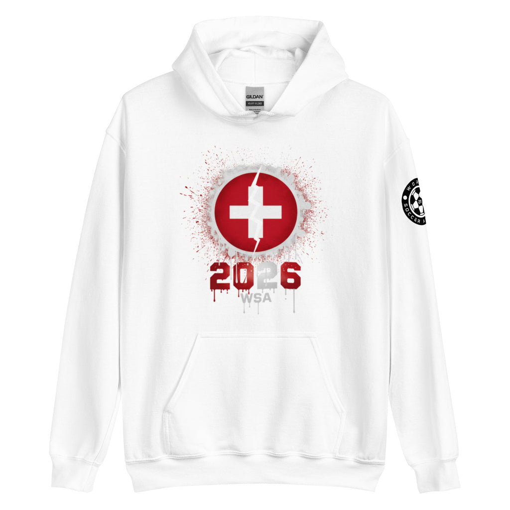 White hoodie with red and black design on a white background