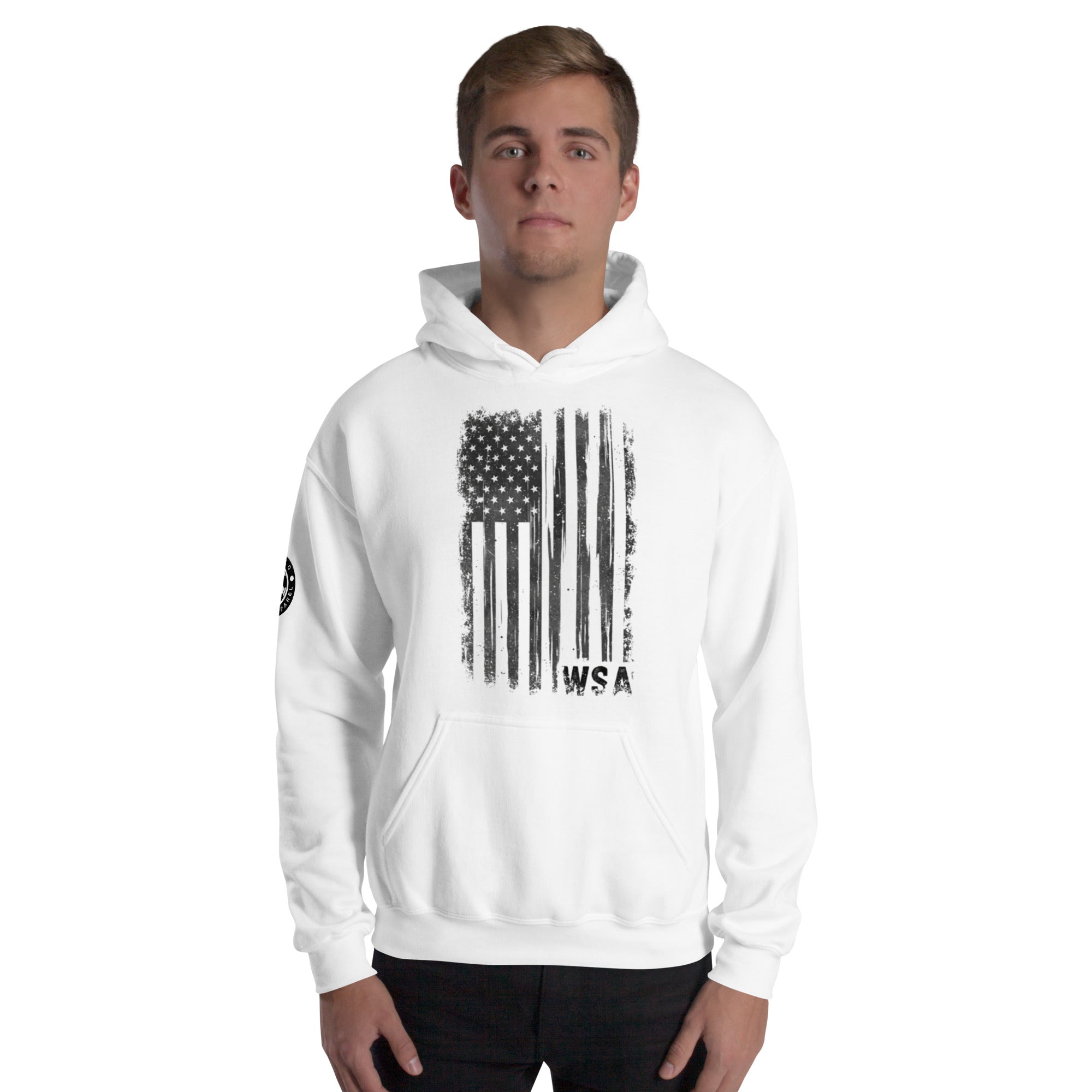 Person wearing a white hoodie with an American flag design on a white background
