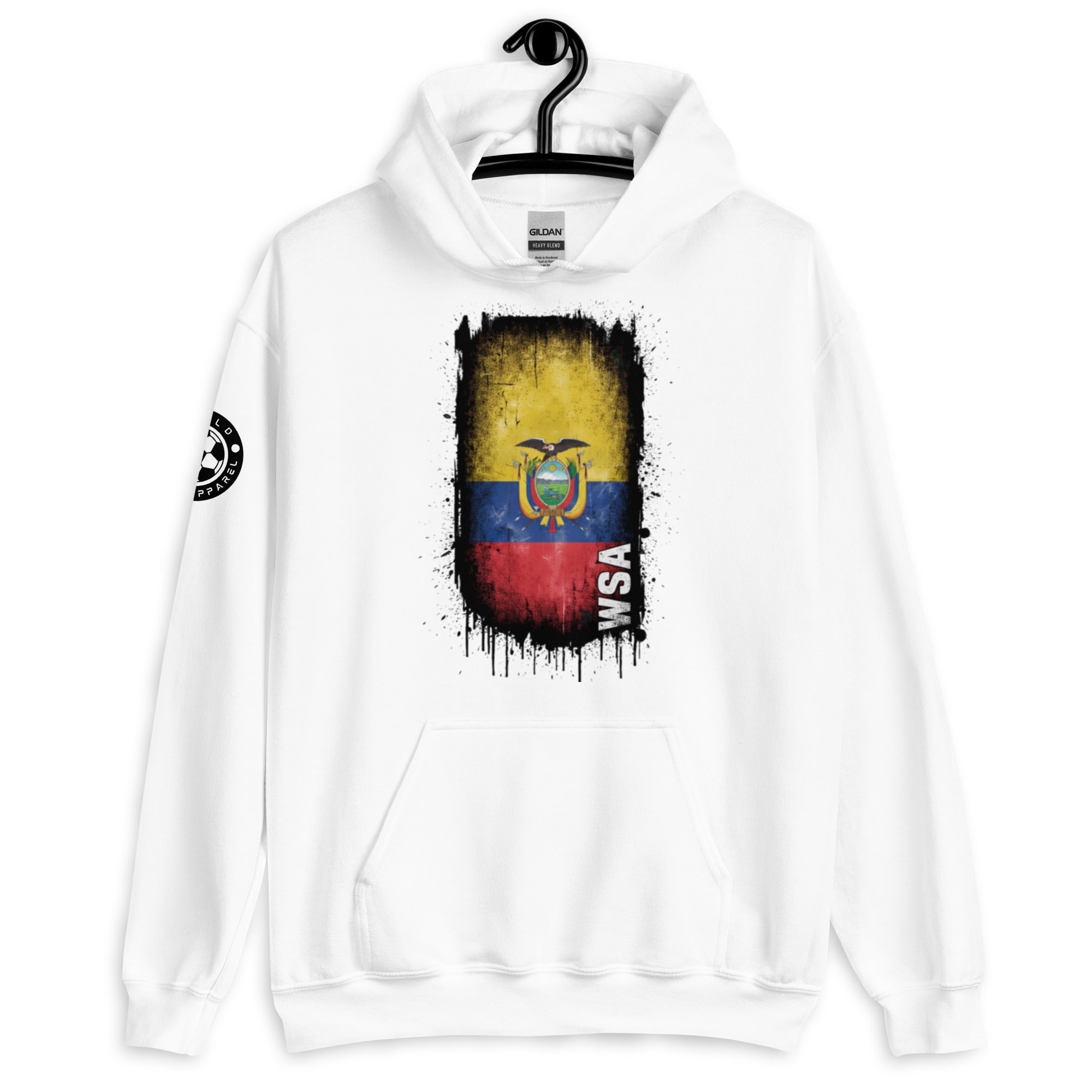 White hoodie with a colorful graphic design on a hanger against a white background