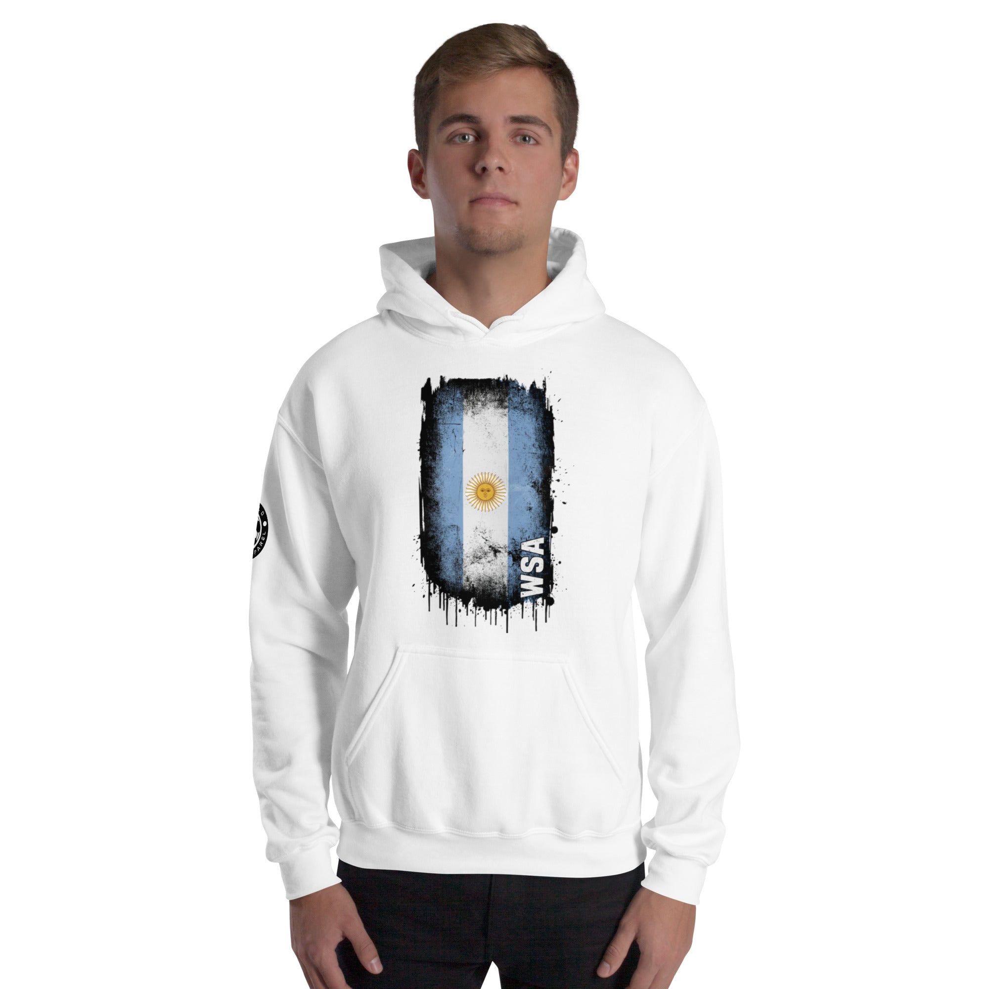 Person wearing a white hoodie with a graphic design on a white background