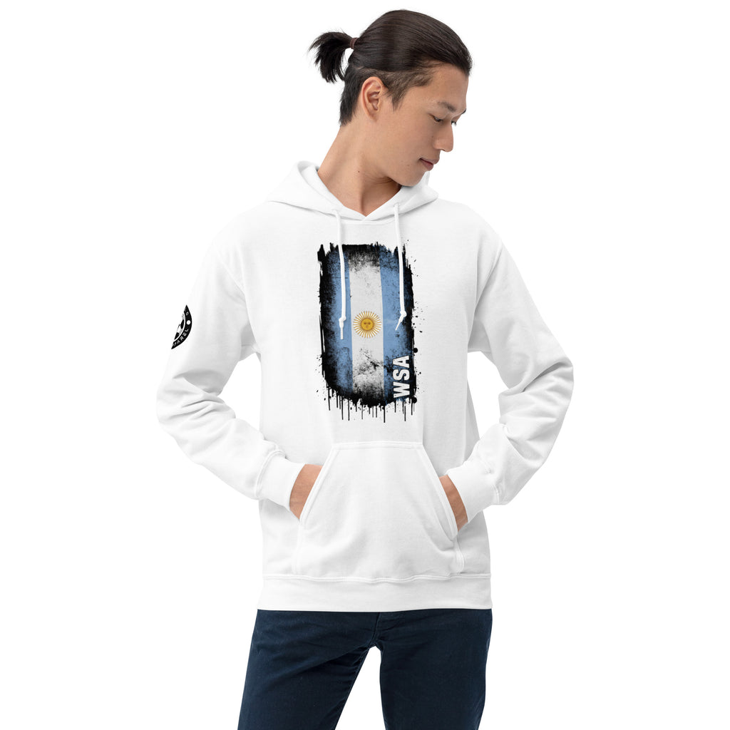 Person wearing a white hoodie with a graphic design on a white background
