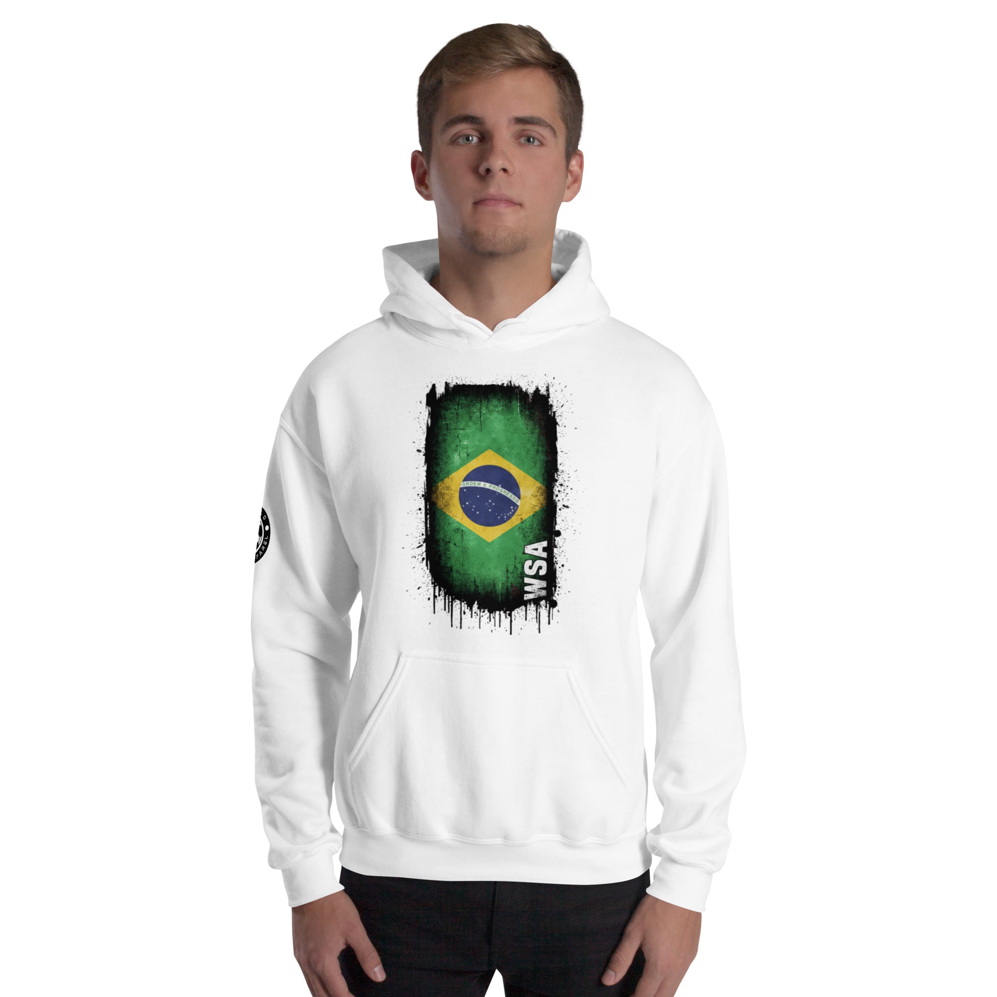 Person wearing a white hoodie with a Brazilian flag design on a white background