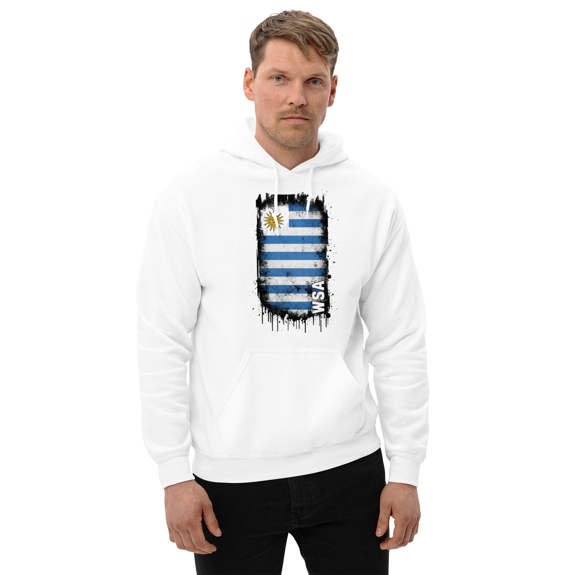 Man wearing a white hoodie with a flag design on a white background