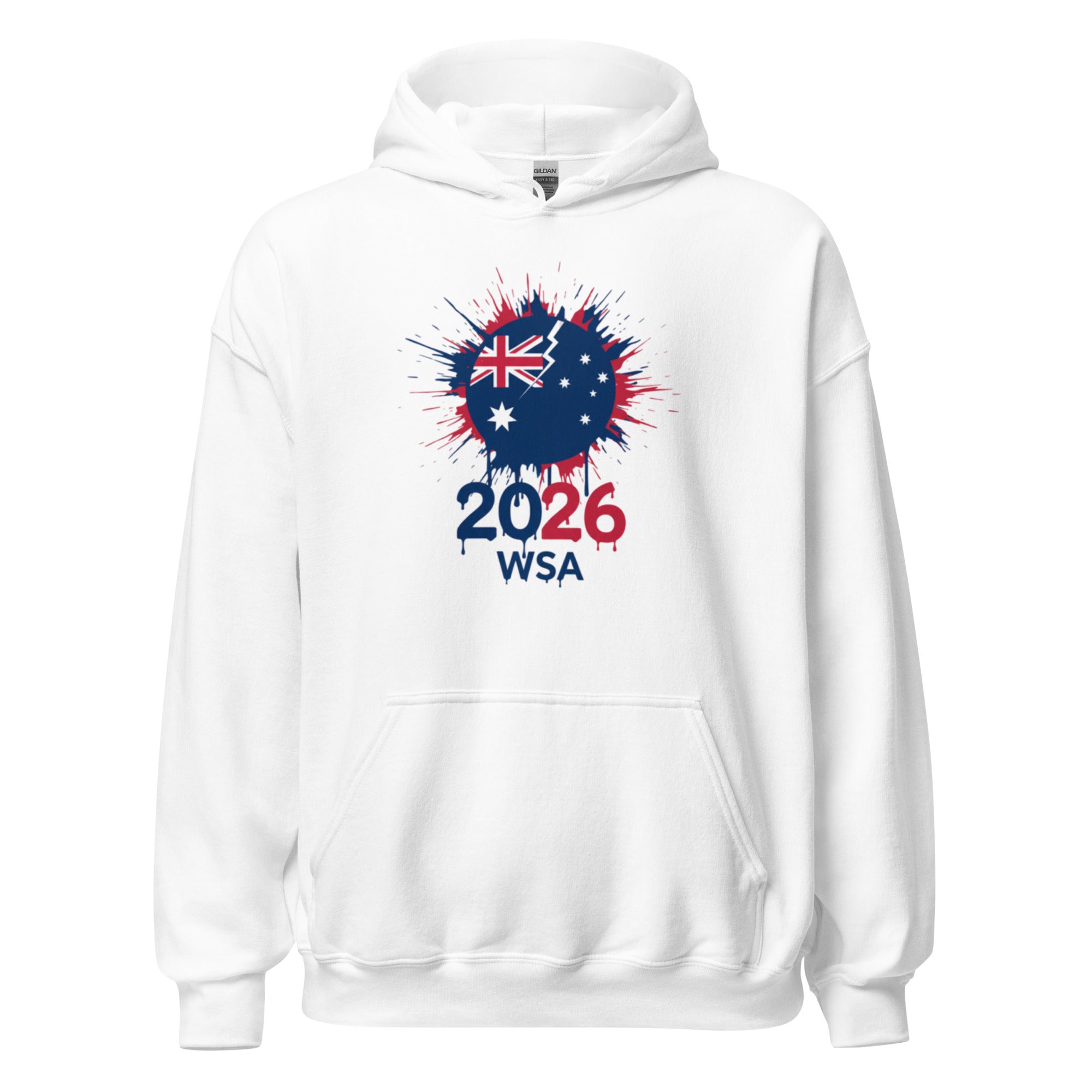 White hoodie with Australian flag and '2026 WSA' design on a white background