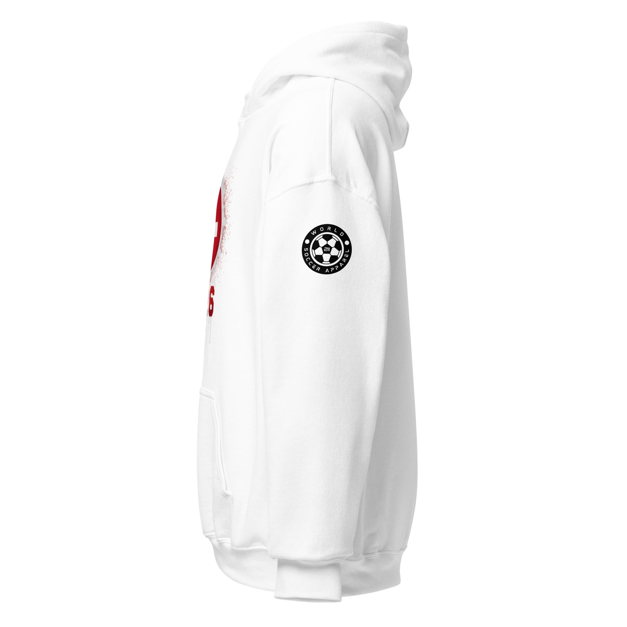 White hoodie with a logo on the chest against a white background