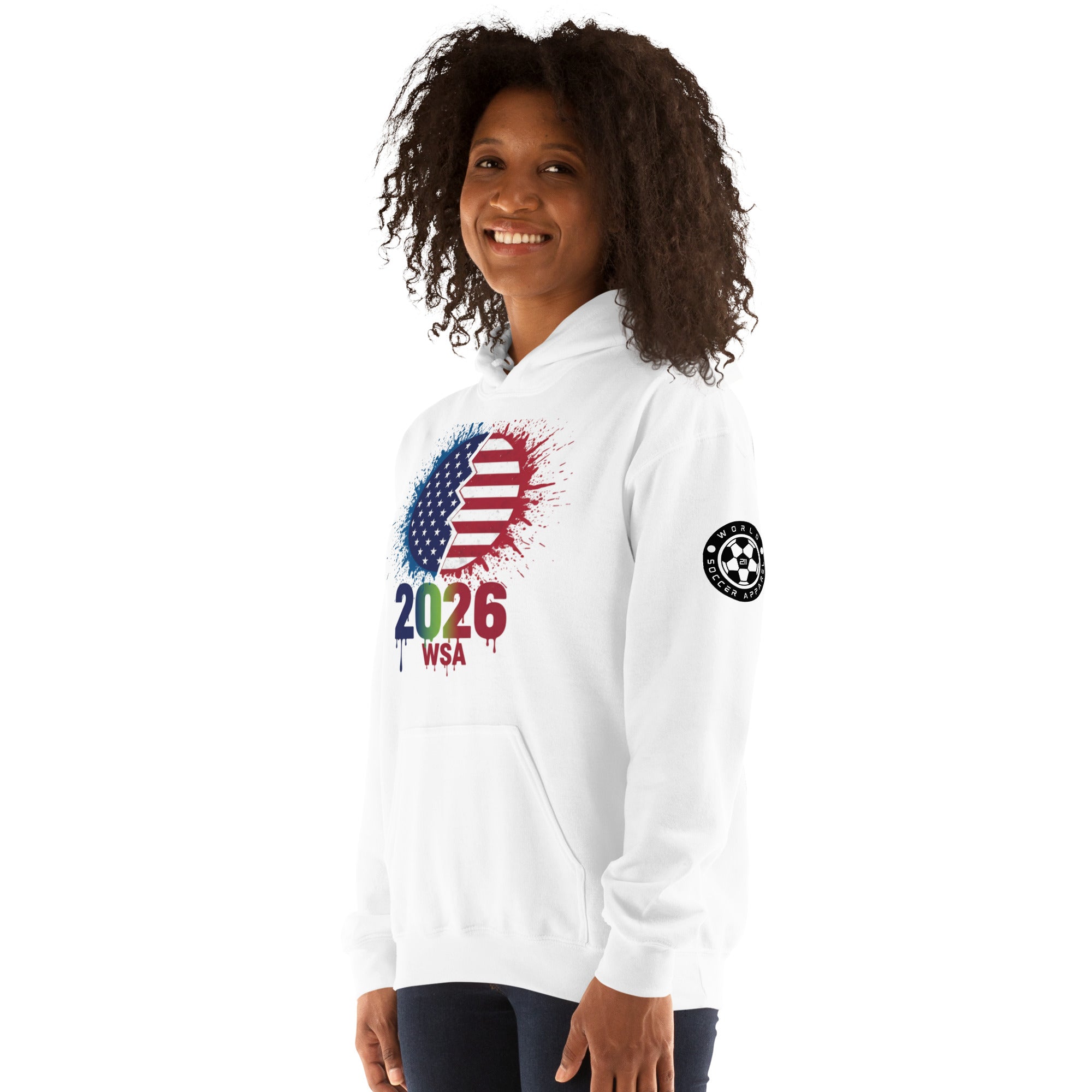Person wearing a white hoodie with a colorful design and text on a white background