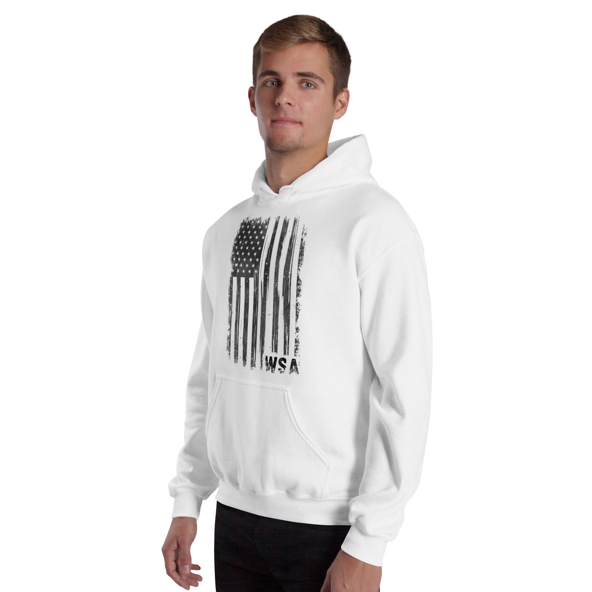 Man wearing a white hoodie with a black graphic design on a white background
