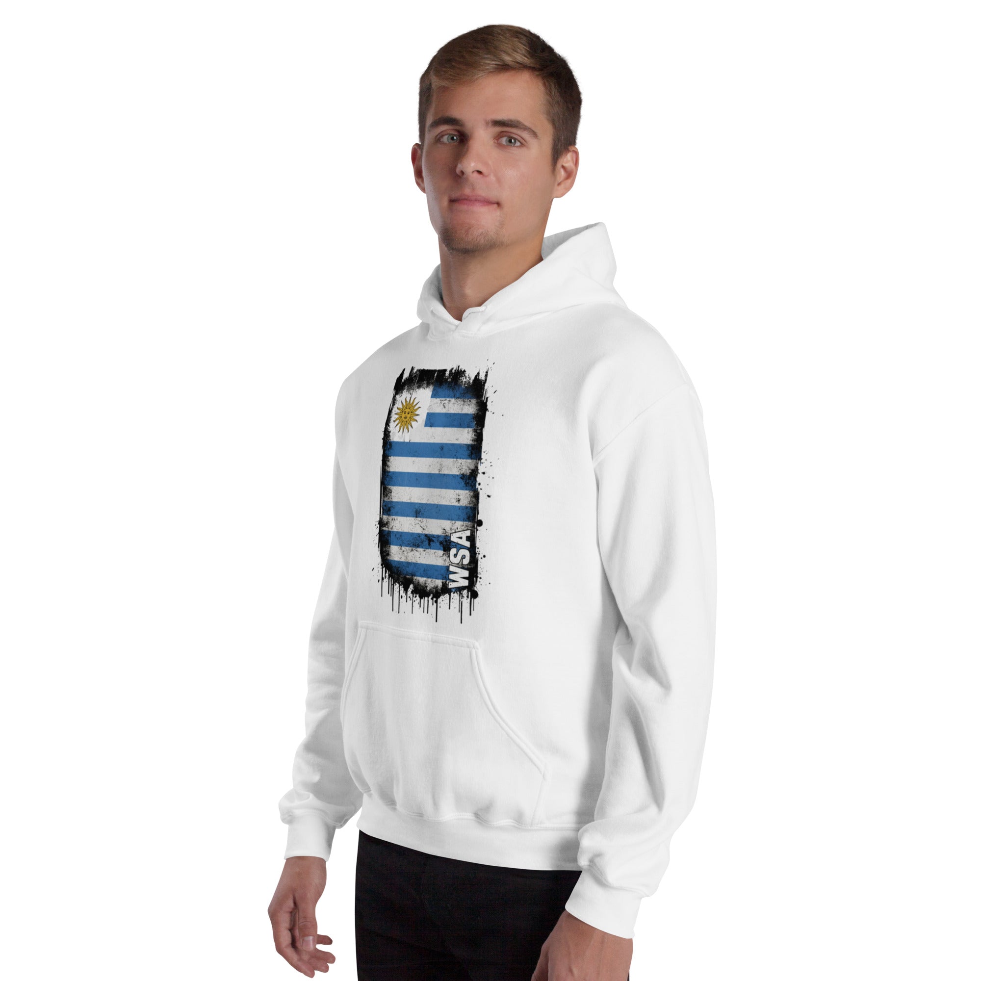 Man wearing a white hoodie with a flag design on a white background